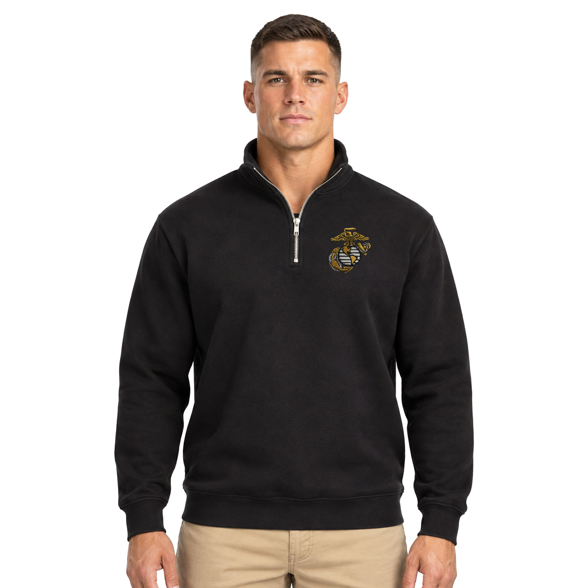 Black embroidered Marines Classic Eagle Globe and Anchor midweight quarter-zip sweatshirt