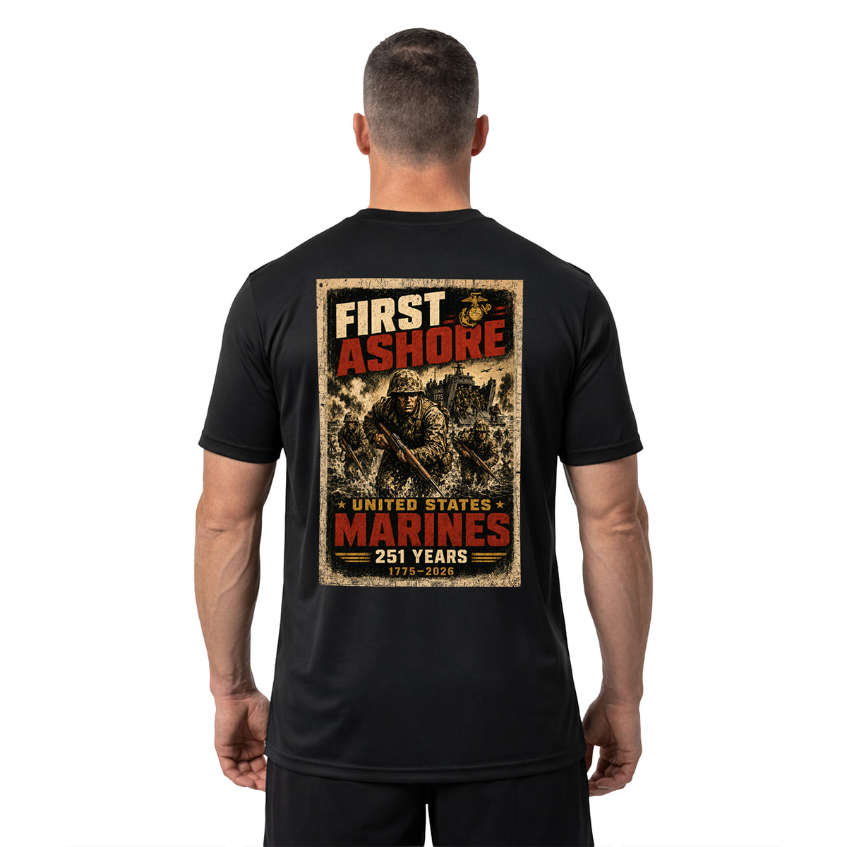 Black USMC 251st Birthday First Ashore performance T-shirt with Marines landing graphic