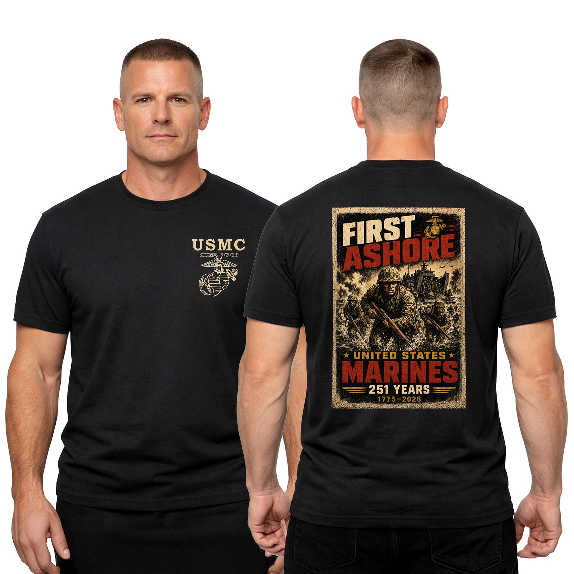 Black USMC 251st Birthday First Ashore T-shirt with Marines landing graphic, 1775–2026 anniversary design, and Old School EGA chest seal