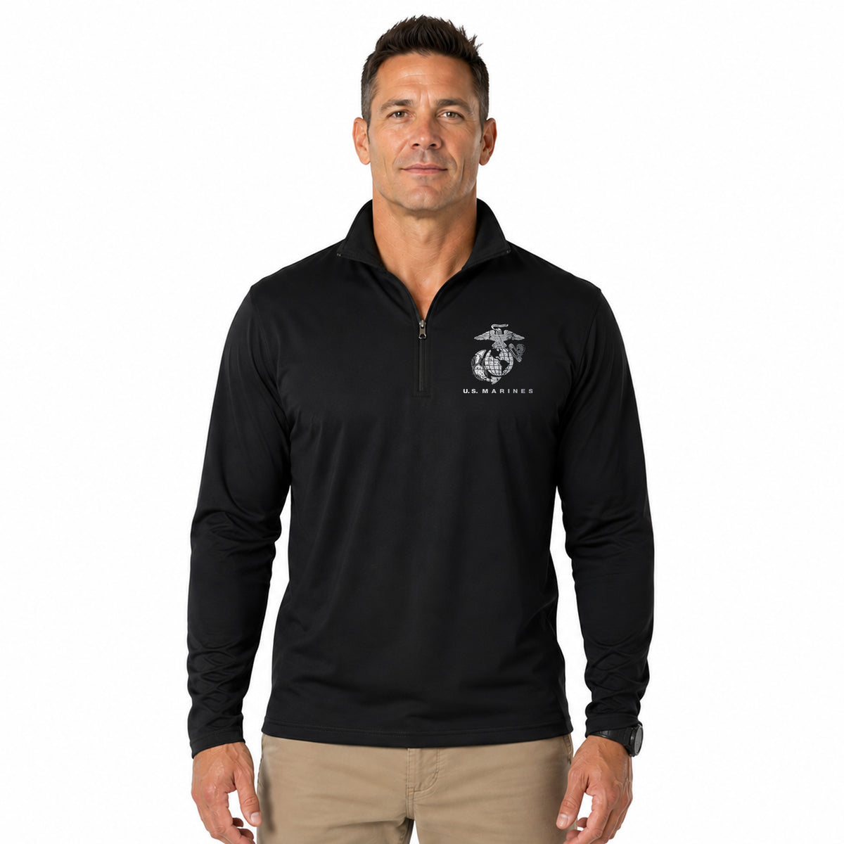 model wearing Black U.S. Marines Global Guardian performance quarter-zip pullover with Eagle Globe and Anchor chest graphic