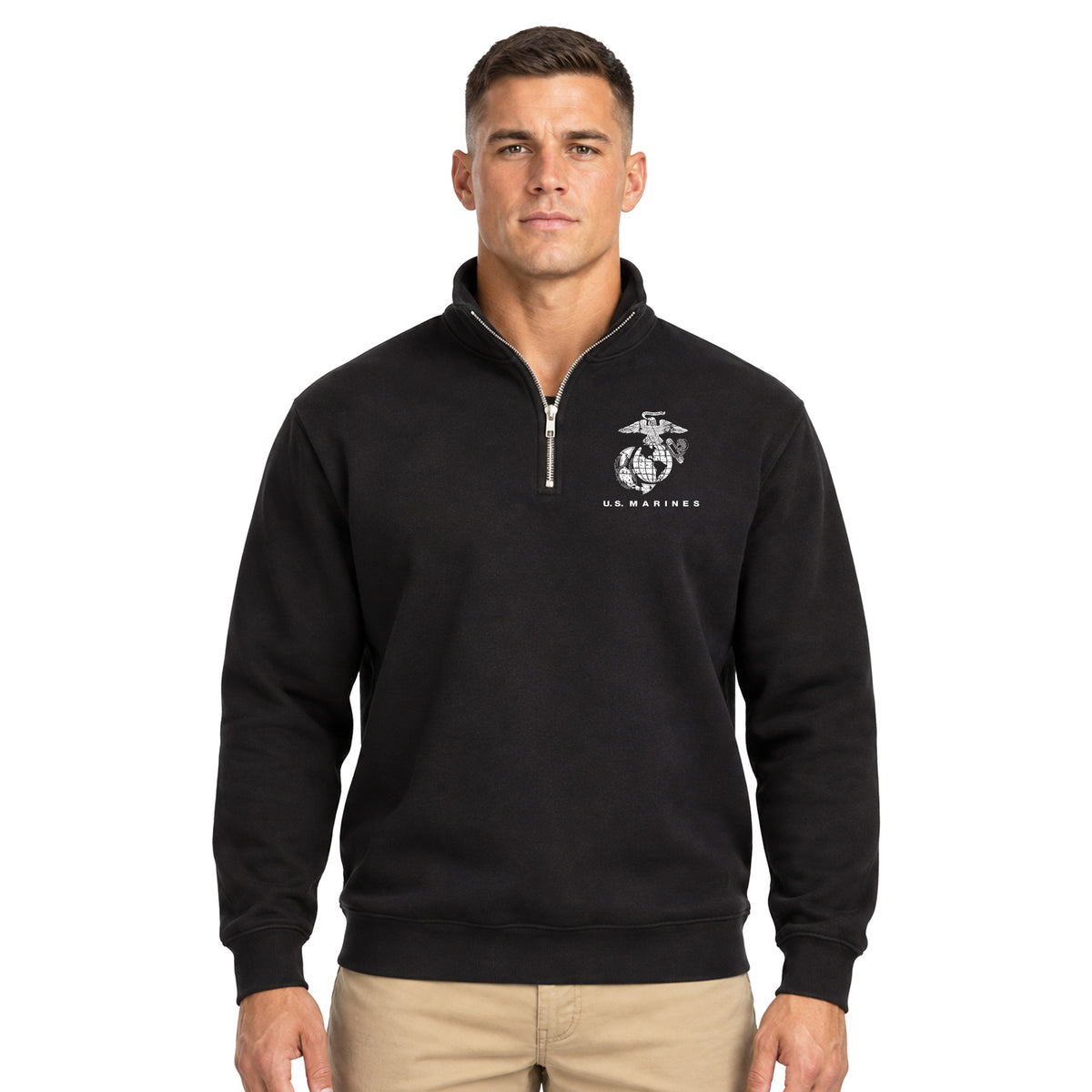 Model wearing Black U.S. Marines Global Guardian EGA midweight quarter-zip pullover