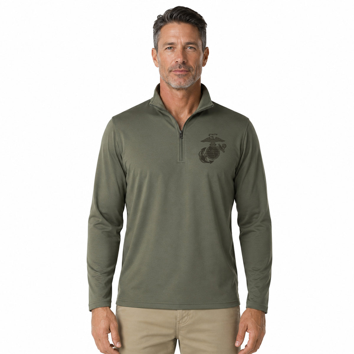 model wearing OD Green Vintage Marine Chest Seal performance quarter-zip pullover with OD Green Eagle Globe and Anchor chest graphic for a monochromatic look