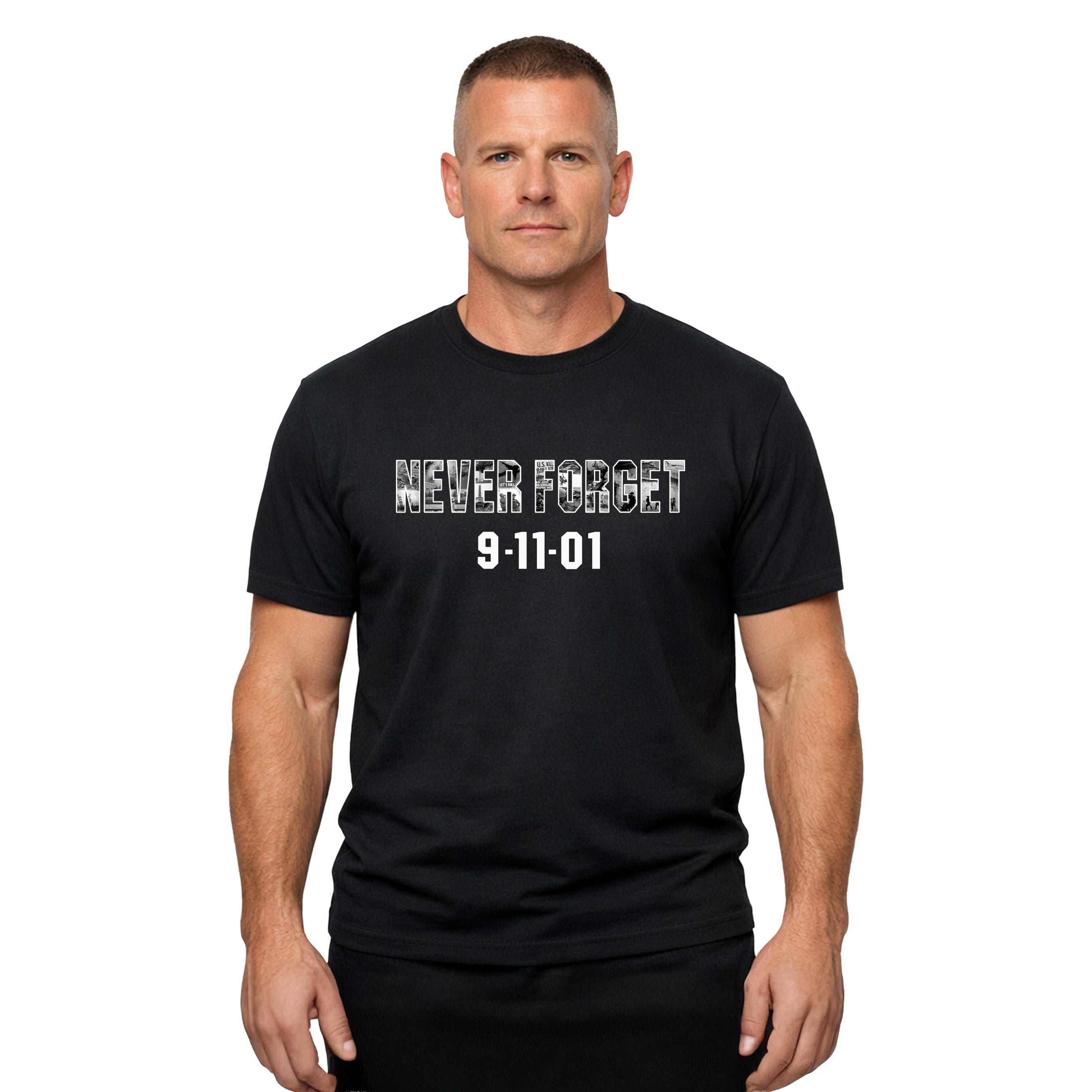 9/11 remembrance T-shirt honoring the 25th anniversary of September 11 with patriotic memorial design and Never Forget message