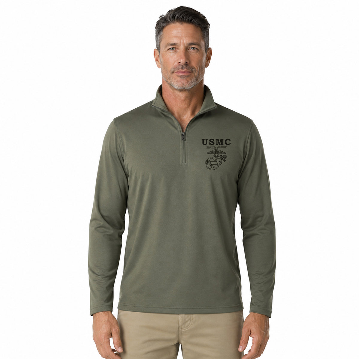 model wearing OD green USMC Old School EGA performance quarter-zip pullover with black Eagle Globe and Anchor chest graphic