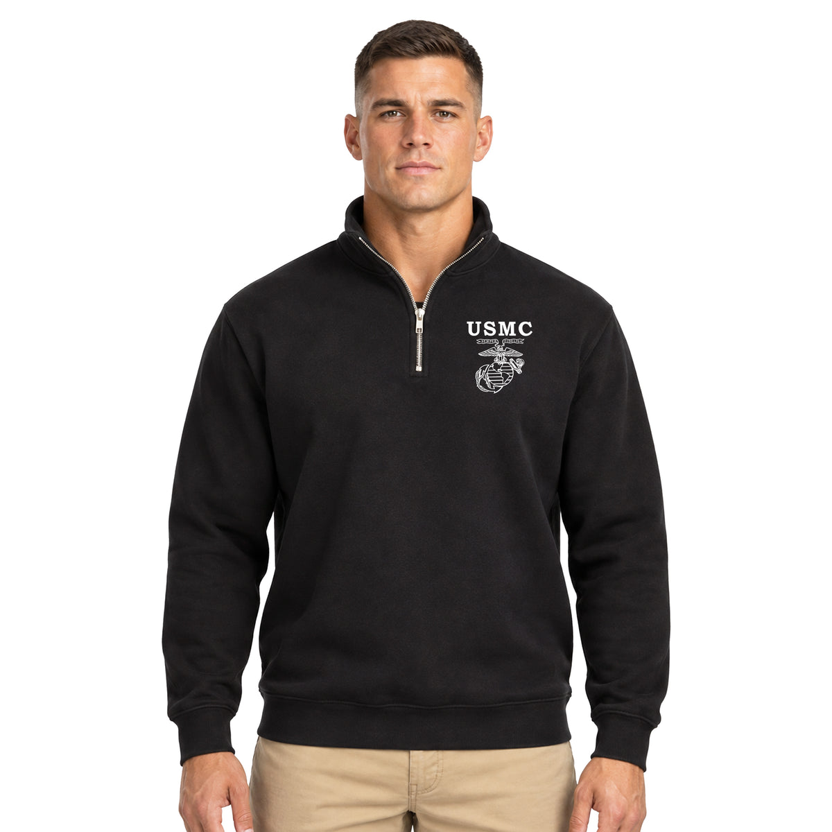 Black USMC Old School EGA screen-printed midweight quarter-zip pullover