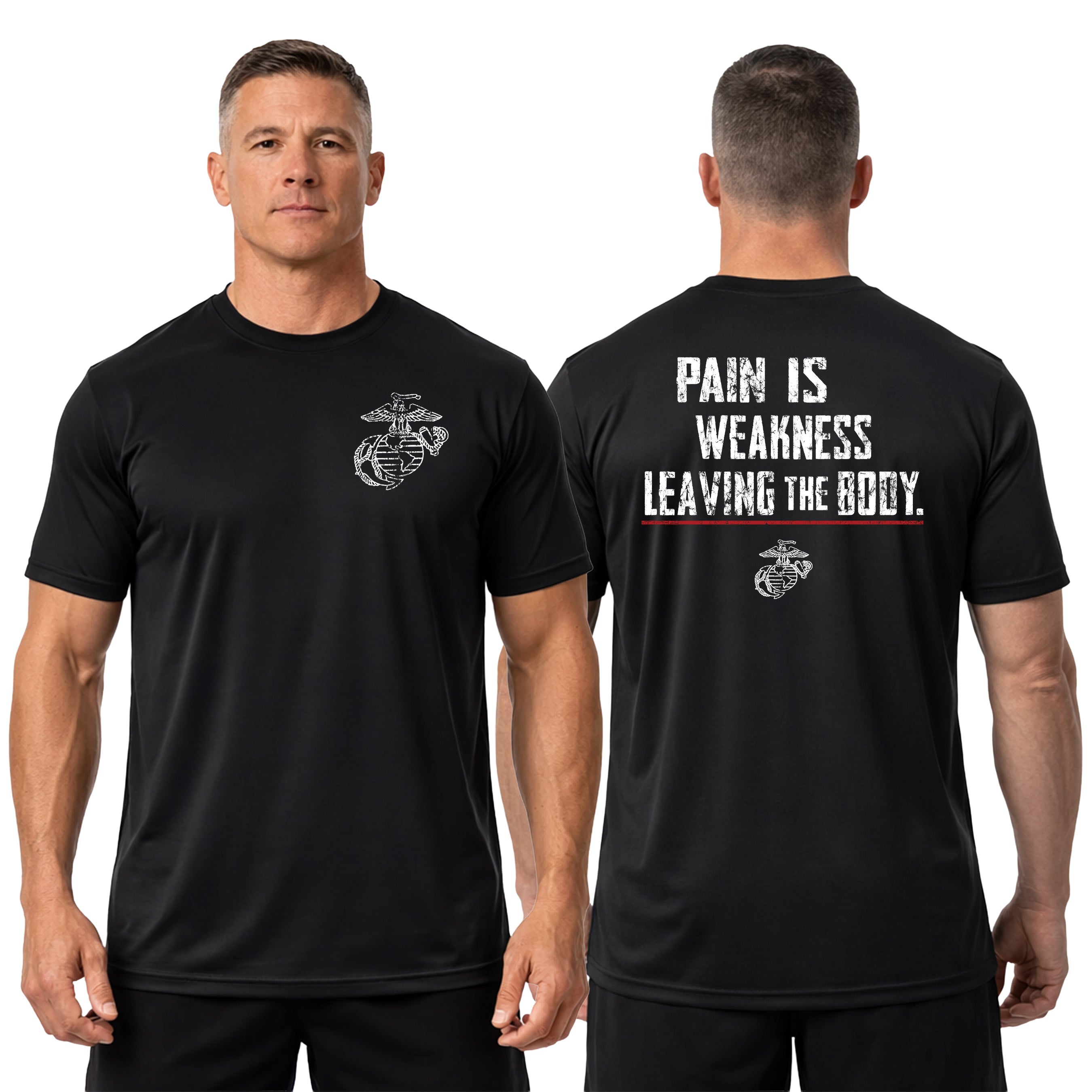 Black USMC Performance T-shirt with motivational quote, “Pain Is Weakness Leaving the Body,”. Marine Corps Performance Tee
