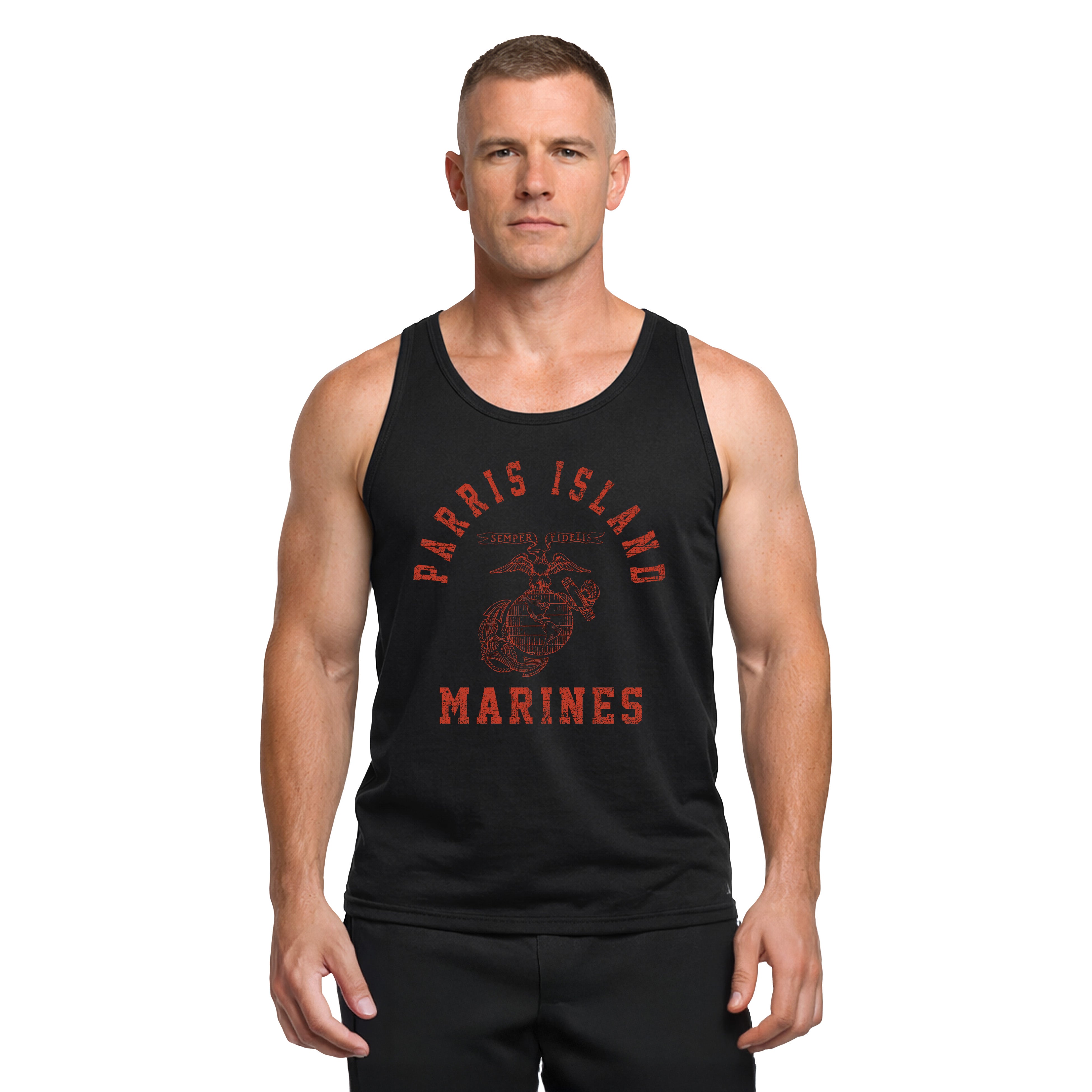 Black USMC Old School Parris Island Training Tank featuring a distressed red Eagle, Globe, and Anchor design with Parris Island and Marines text.