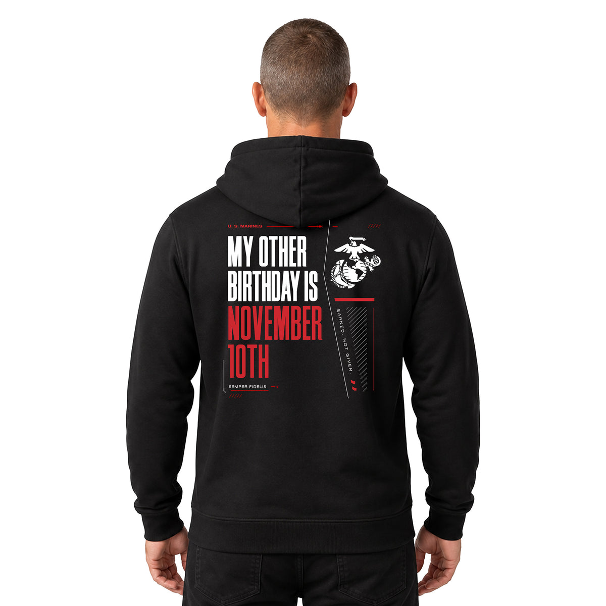 Black USMC My Other Birthday Is November 10th hoodie Marine Corps Birthday back graphic that says 'My other birthday is November 10th'
