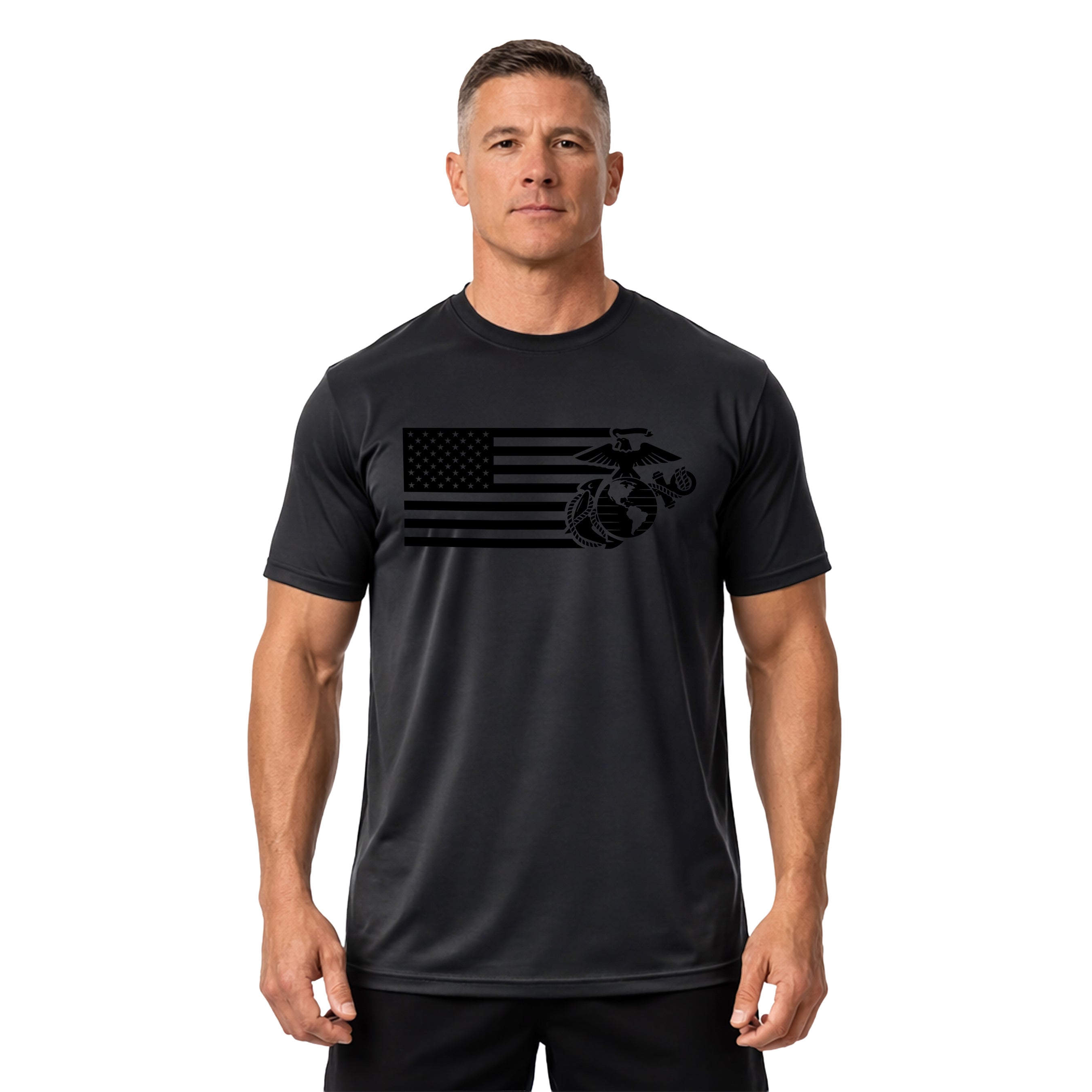 Black on black Marines American flag and EGA performance t-shirt with monochromatic Marine Corps EGA & Flag. Marines Patriotic tee. USMC workout tee