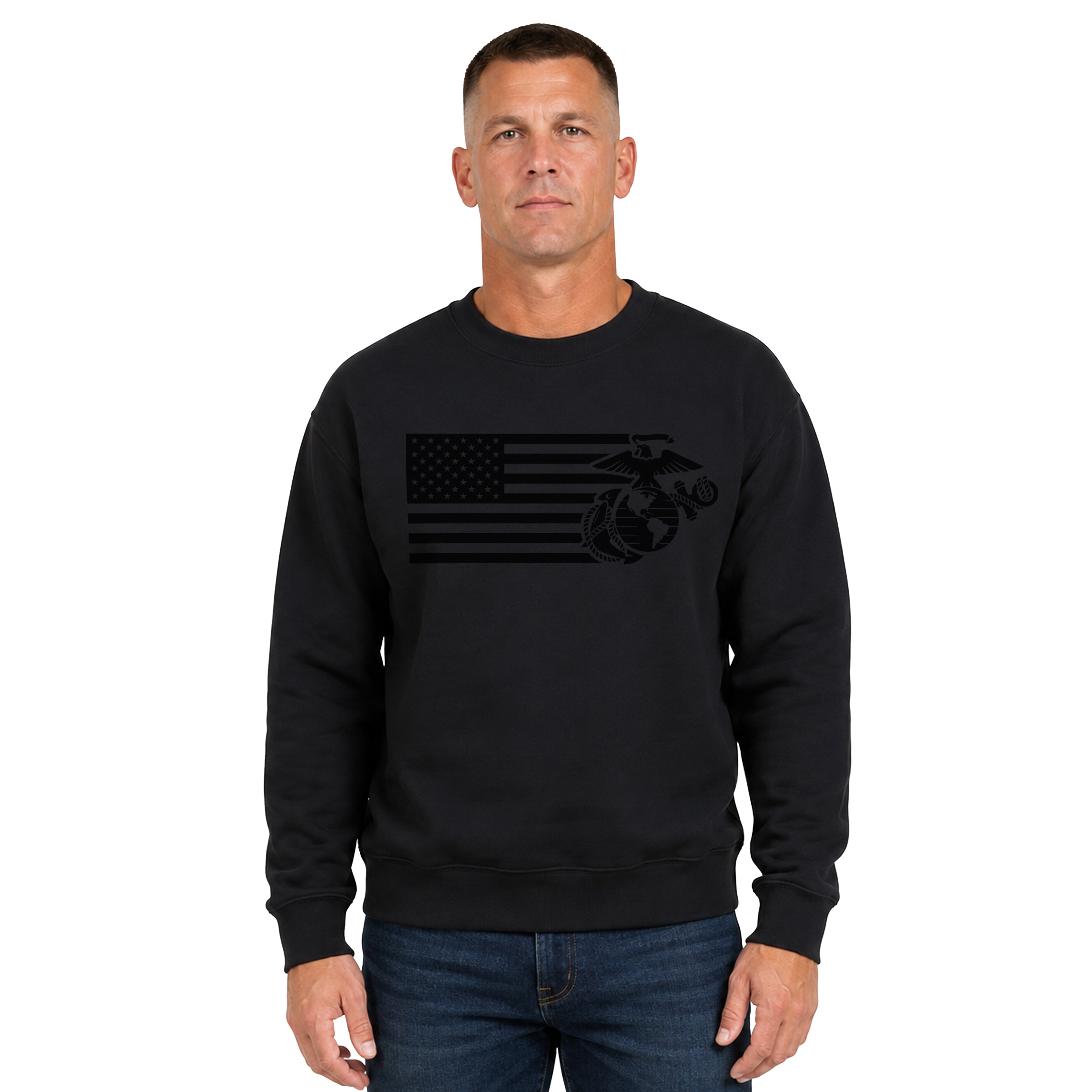 Black USMC Split Flag & EGA crewneck sweatshirt featuring a subtle black-on-black American flag and Eagle, Globe, and Anchor design. USMC Patriotic Sweatshirt