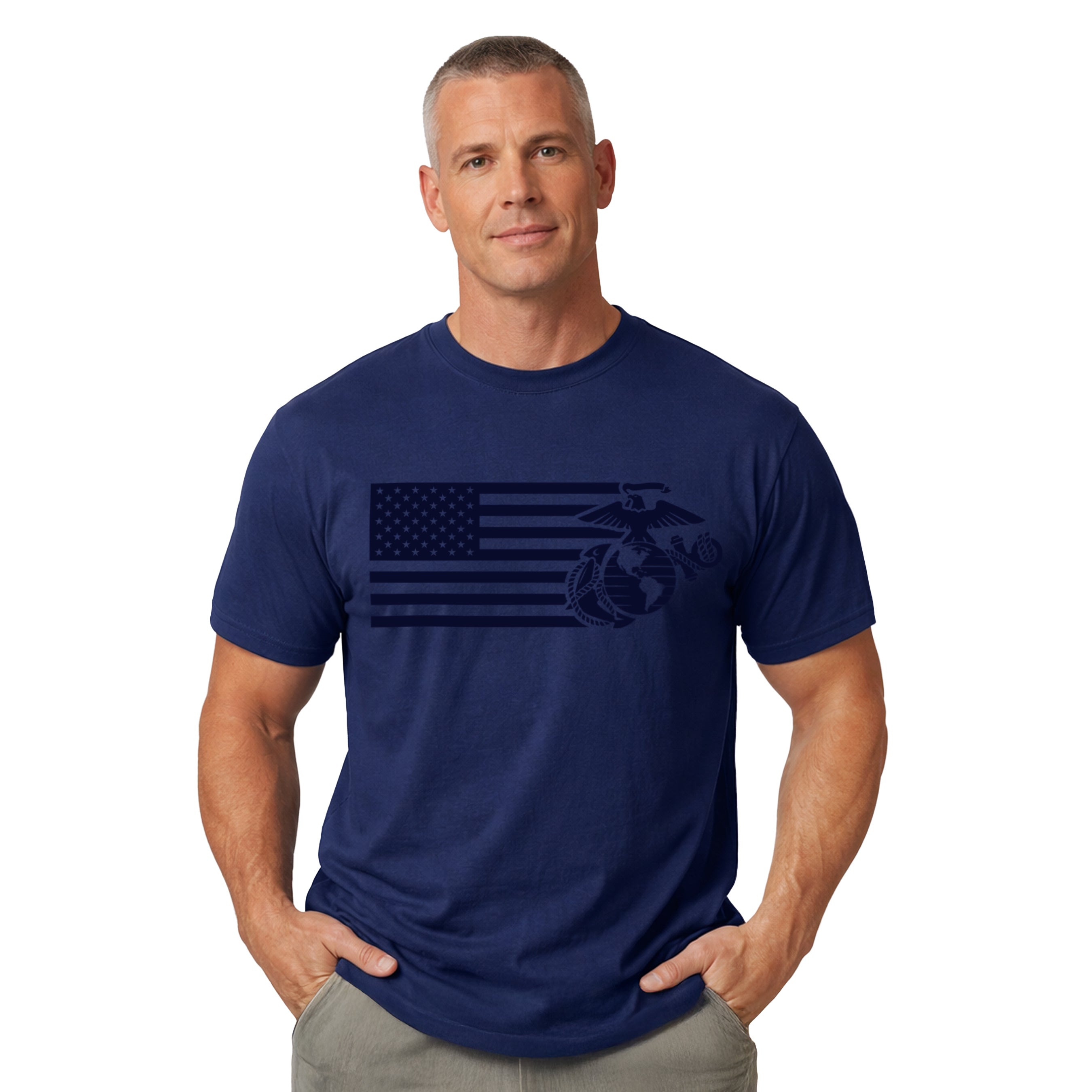 Navy Blue USMC Split Flag and EGA t-shirt with monochromatic Marine Corps EGA and American Flag Design. Marines Patriotic Tee.