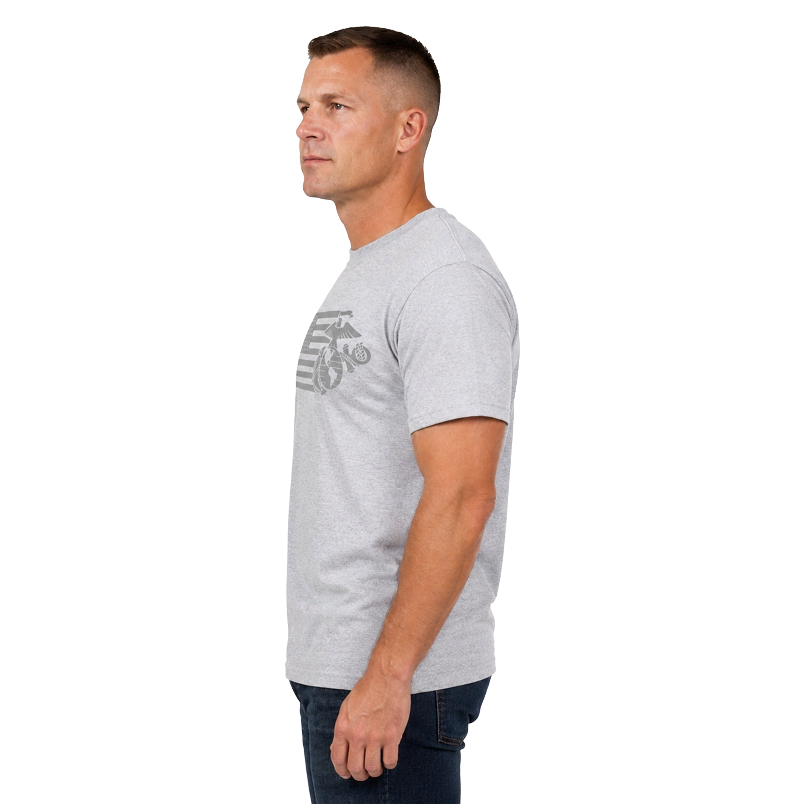 Sport Gray USMC Split Flag and EGA t-shirt with monochromatic Marine Corps EGA and American Flag Design. Marines Patriotic Tee.