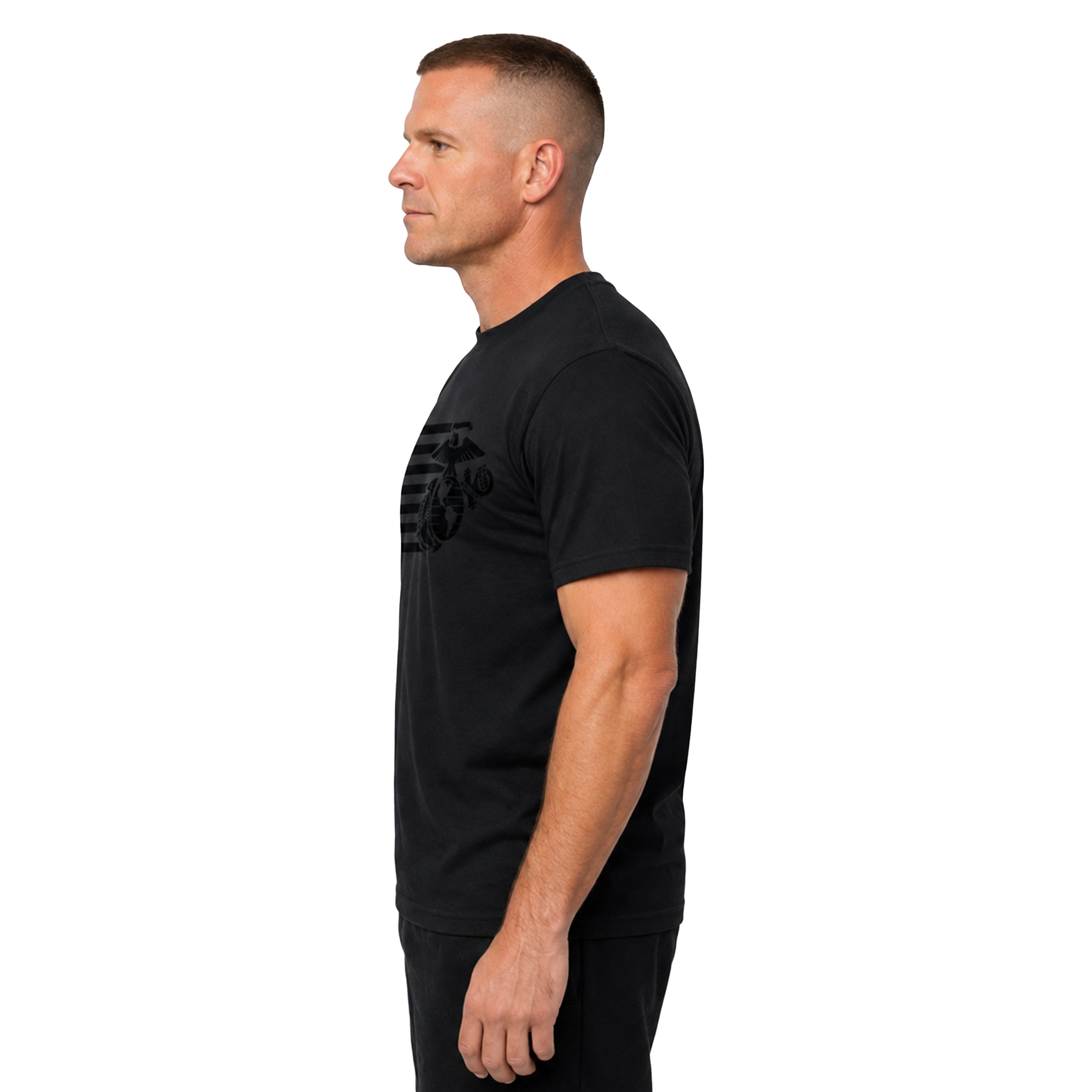 Black on black USMC Split Flag and EGA t-shirt with monochromatic Marine Corps EGA and American Flag Design. Marines Patriotic Tee.