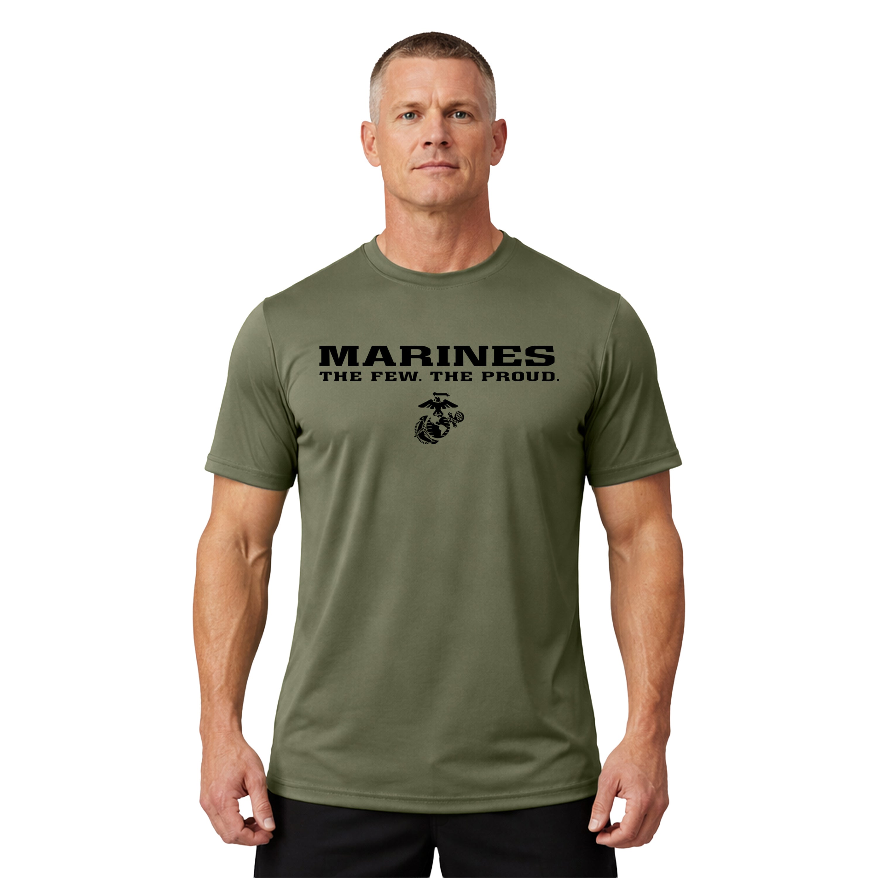 Green Marines The Few The Proud performance T-shirt with Eagle Globe and Anchor. USMC motivational Tee. Marines workout t-shirt.