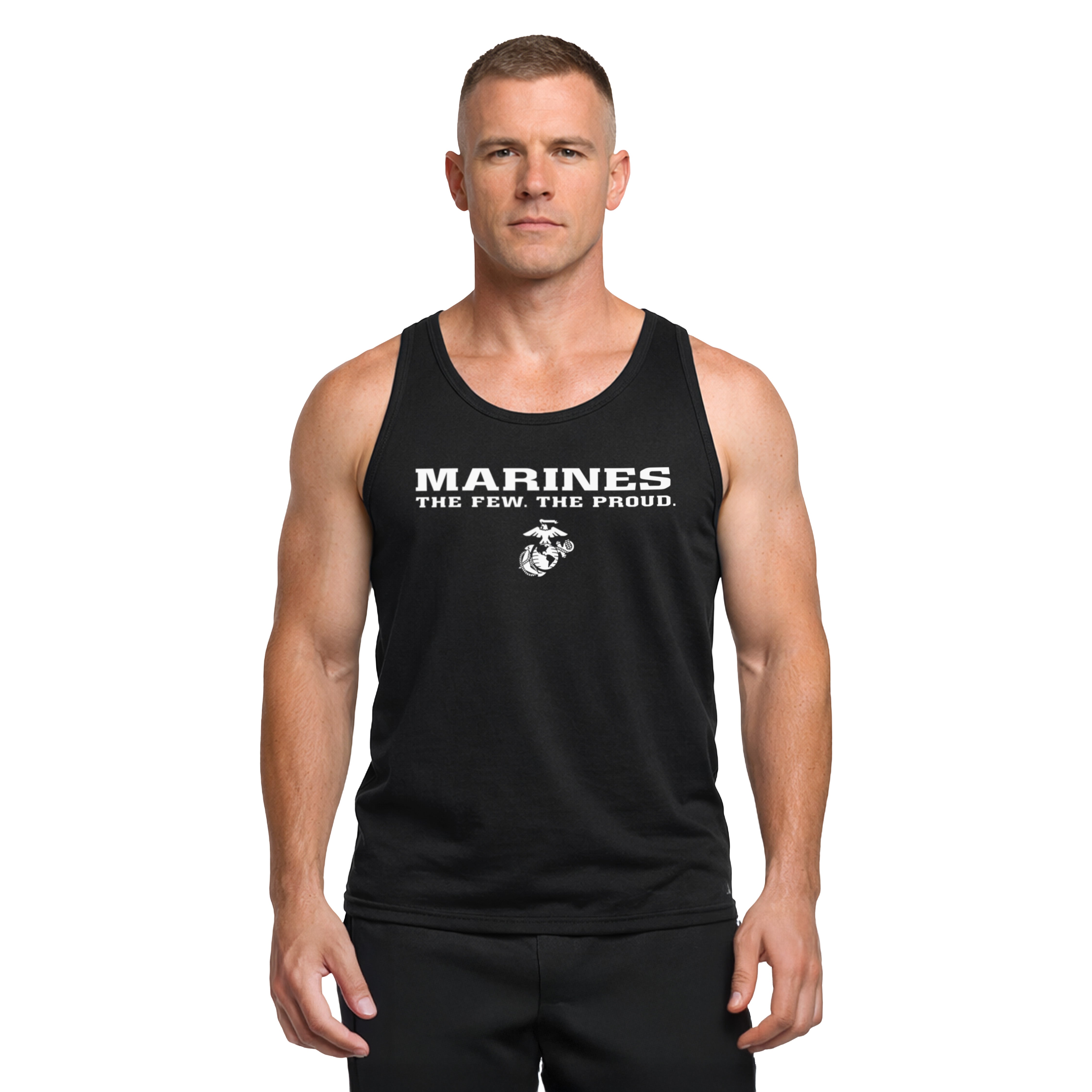 Black Marines tank top featuring white “MARINES The Few. The Proud.” text and Eagle, Globe, and Anchor emblem on the chest.