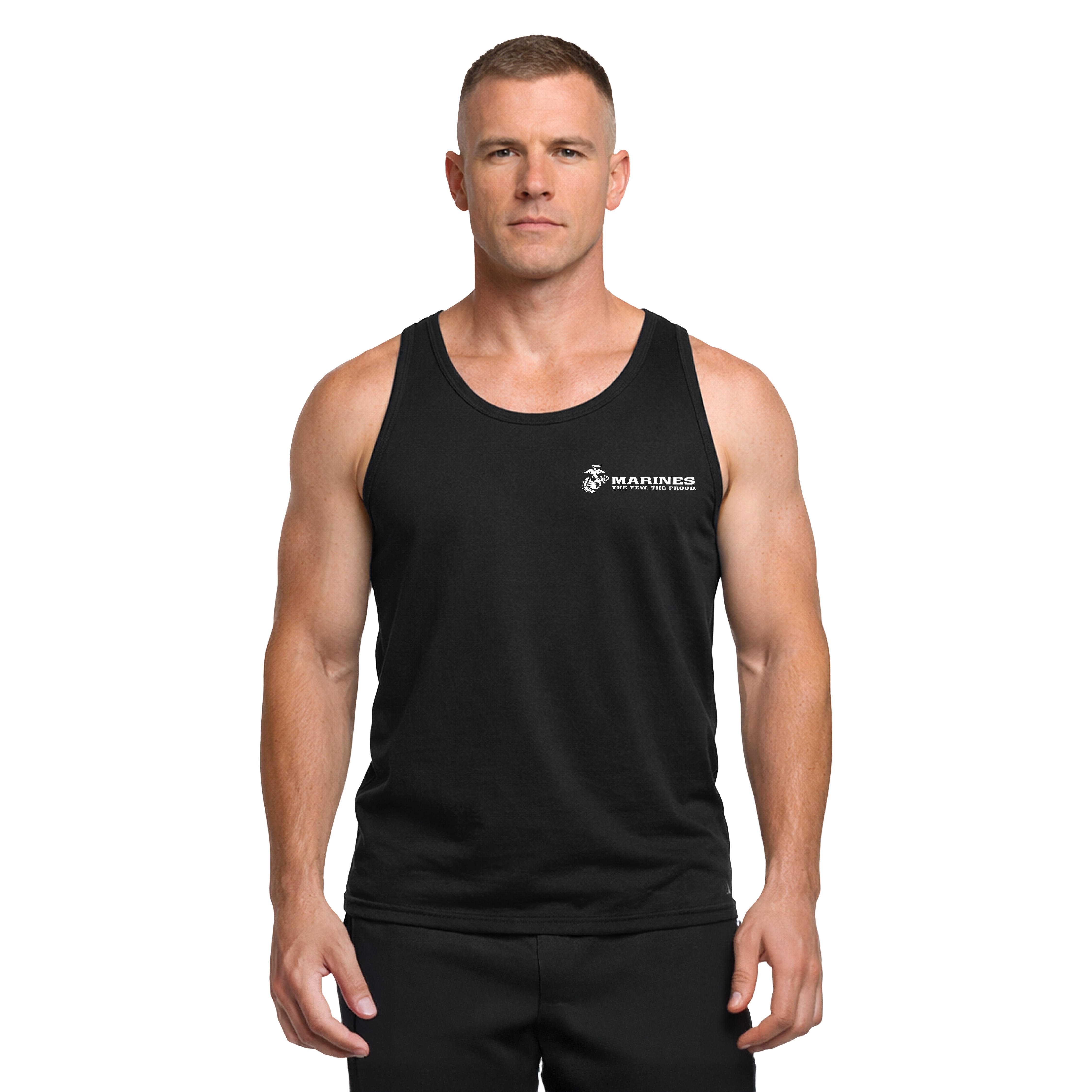 Black Marines tank top featuring white Eagle, Globe, and Anchor with “MARINES The Few. The Proud.” text.