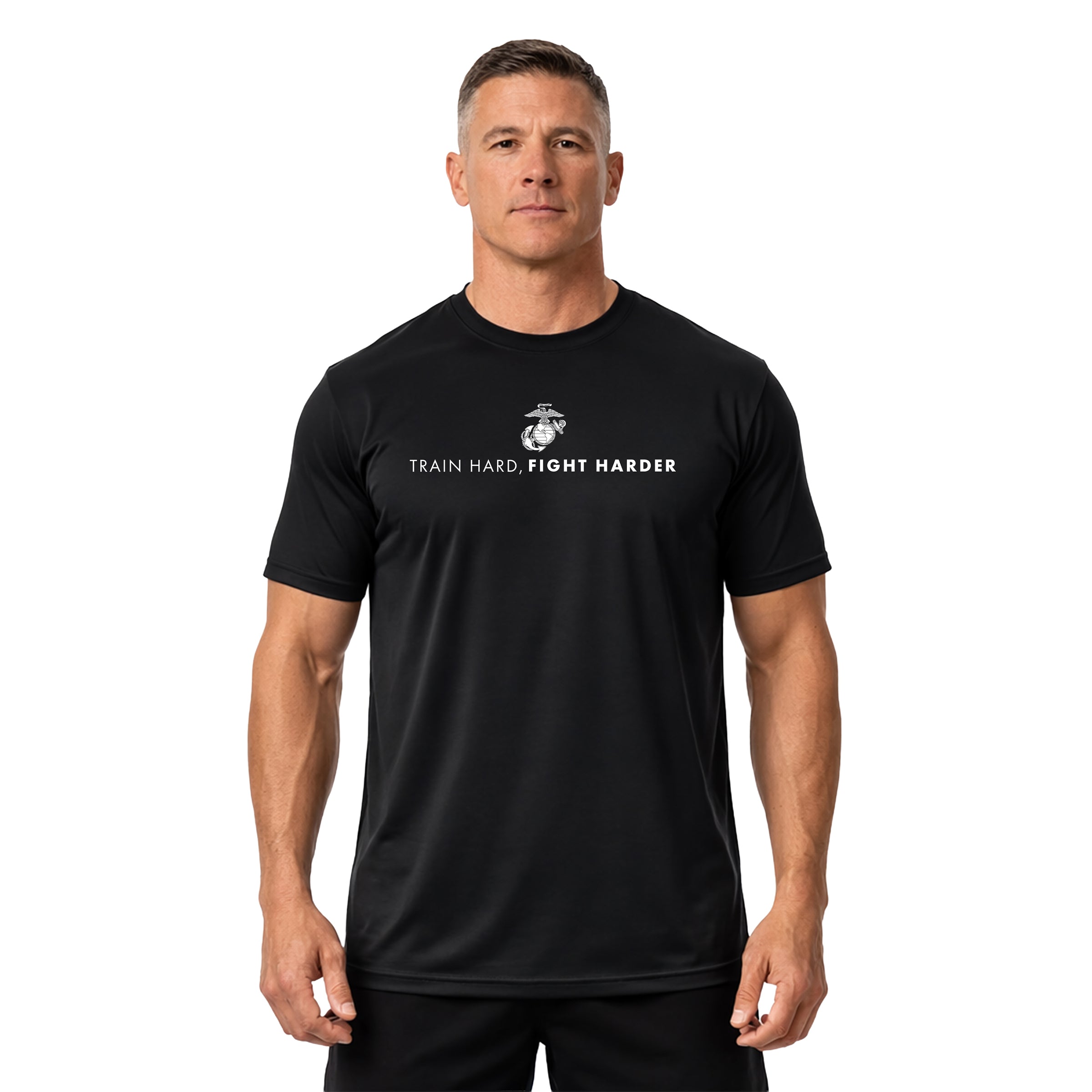 Black USMC Performance t-shirt with white EGA emblem and bold military quote 'Train Hard, Fight Harder' on chest, Marine Corps motivational workout shirt.