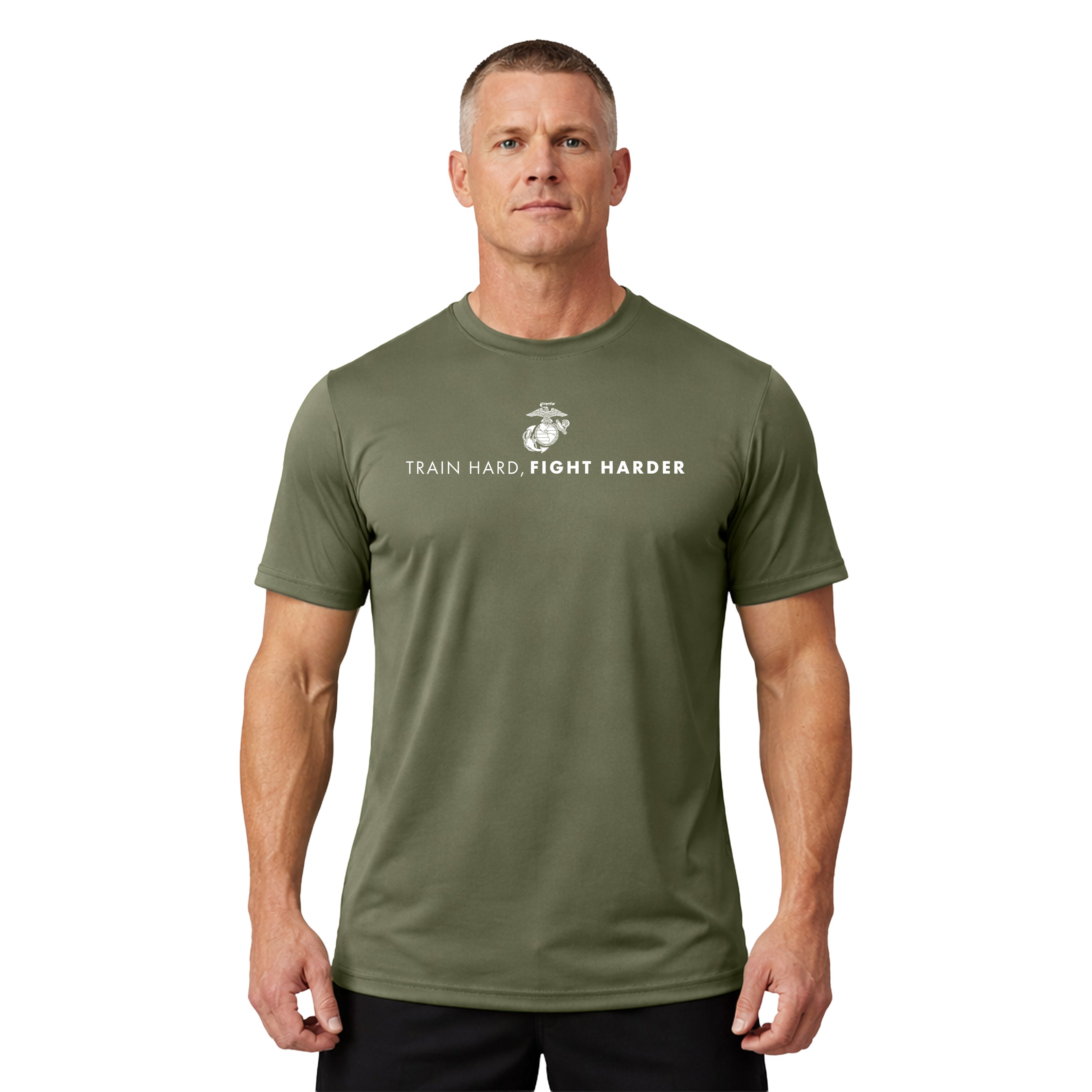 Green USMC Performance t-shirt with white EGA emblem and bold military quote 'Train Hard, Fight Harder' on chest, Marine Corps motivational workout shirt.