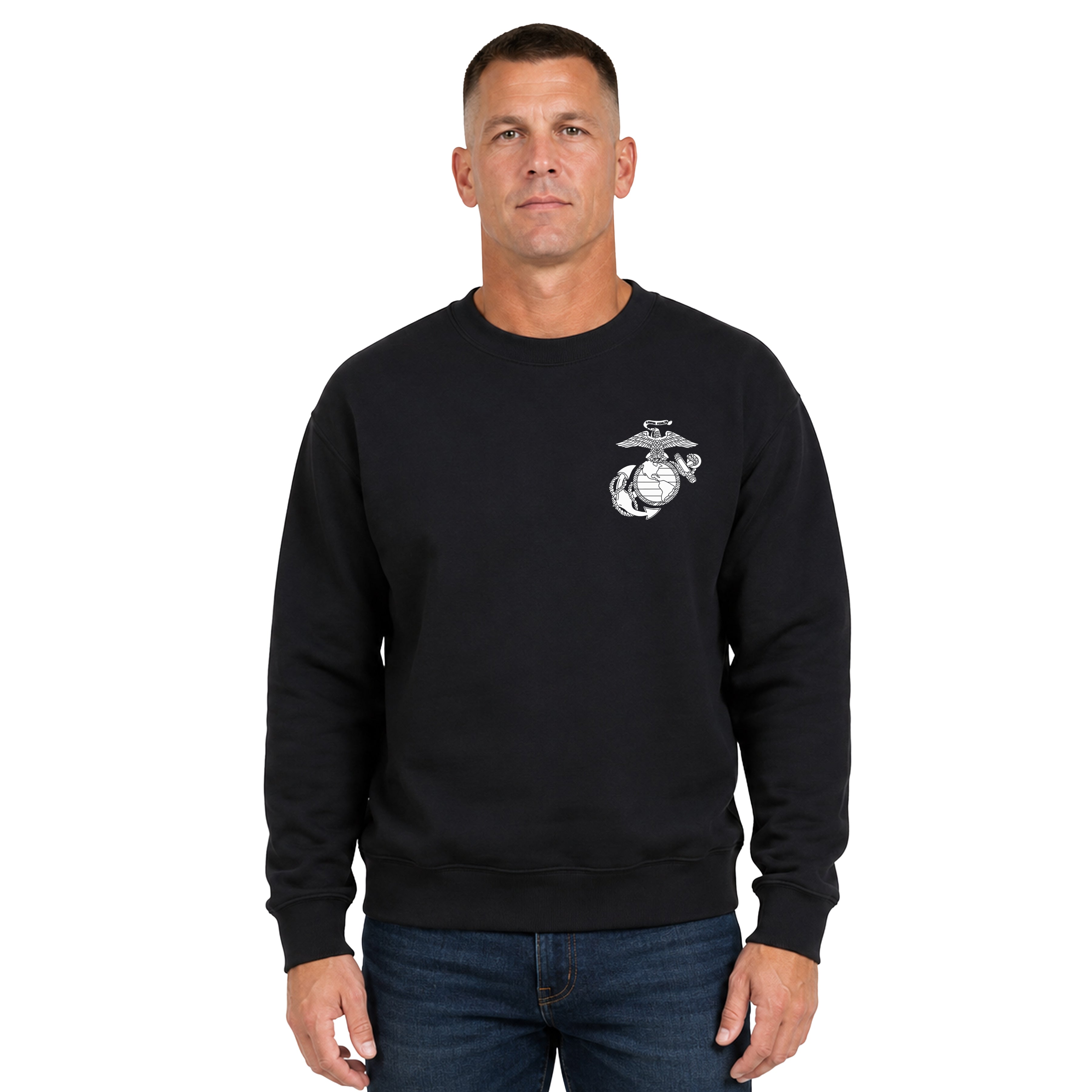 Black Marines Vintage EGA Chest Seal sweatshirt with Eagle Globe and Anchor left-chest graphic