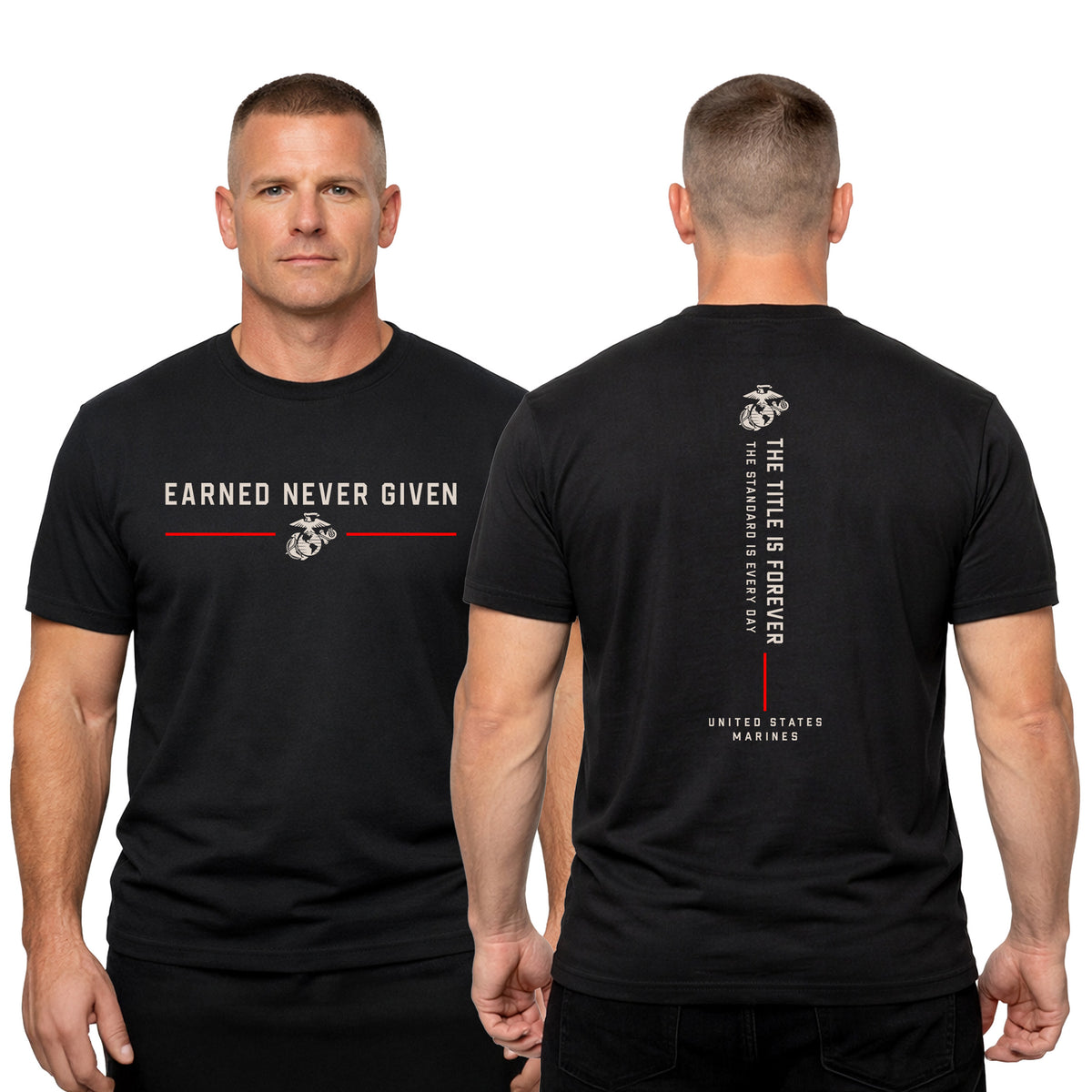 man wearing Black The Title Is Earned Never Given T-Shirt with Earned Never Given front graphic, EGA, red accent lines, and vertical “The Title Is Forever. The Standard Is Every Day.” back design