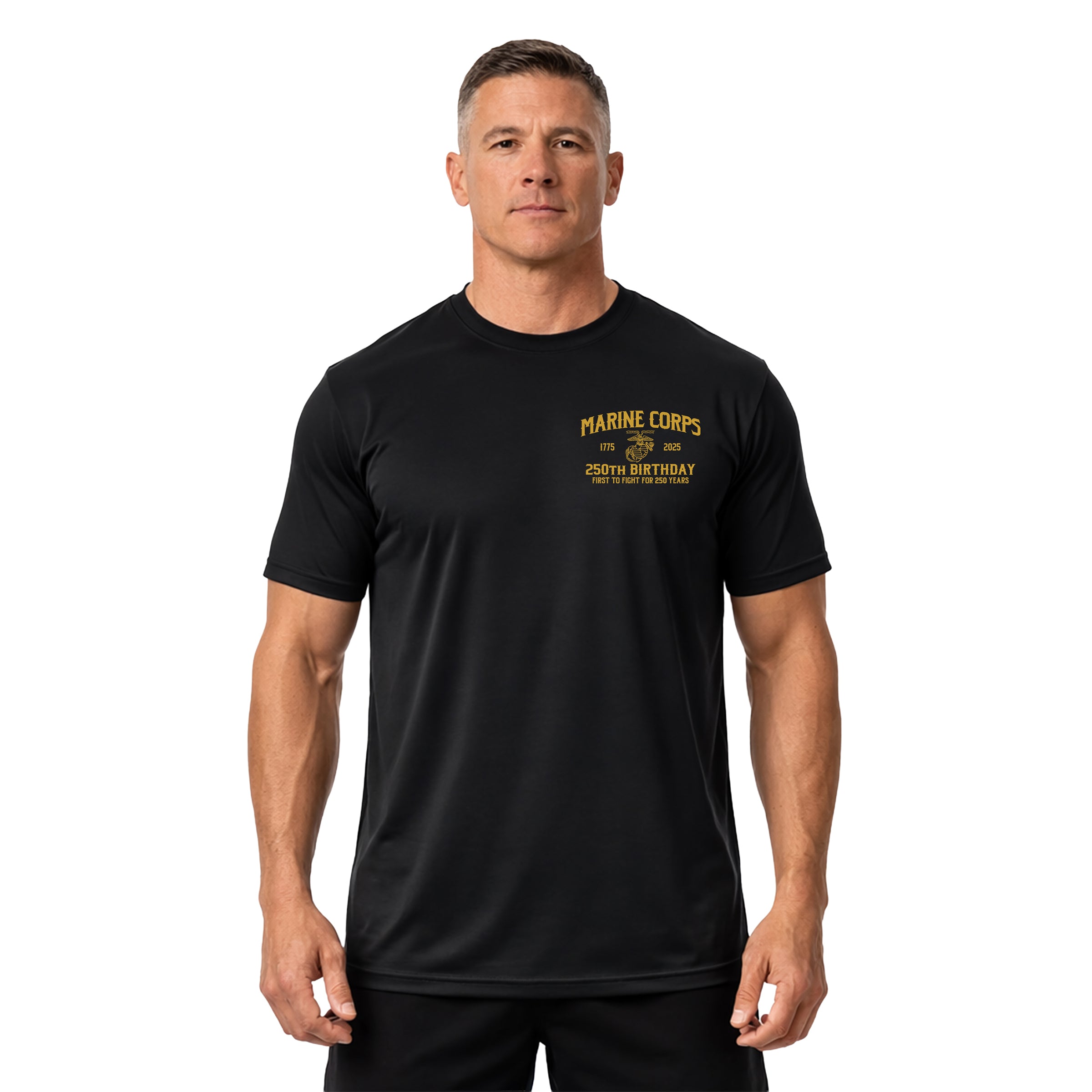Marine Corps 250th Birthday Born in a Bar performance t-shirt. Featuring a front chest seal with Eagle, Globe, and Anchor and back graphic of skeleton Marine at Tun Tavern with Born in a Bar banner. USMC 250th Anniversary Tee
