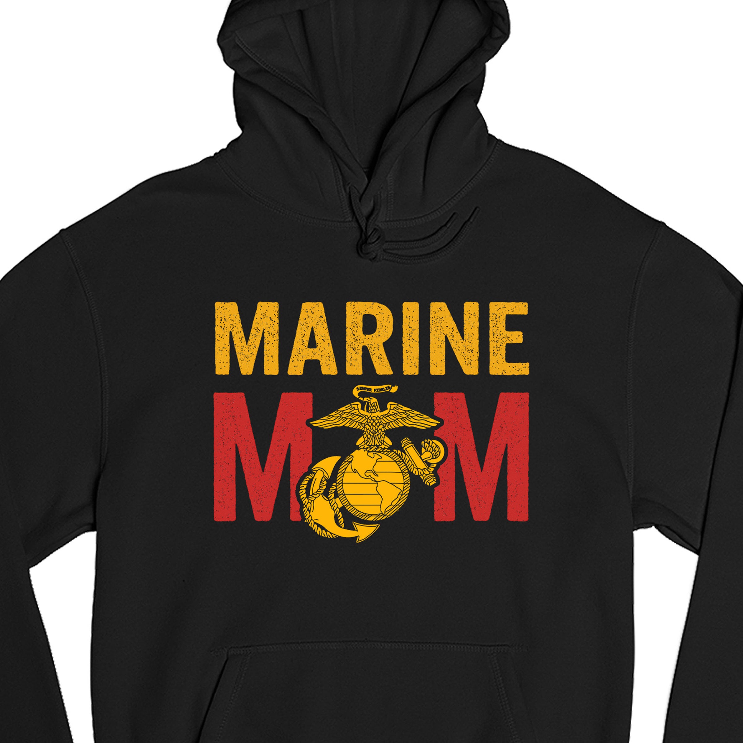 Marine Mom hoodie with Eagle Globe and Anchor graphic. Black military family hoodie. USMC Mom Apparel