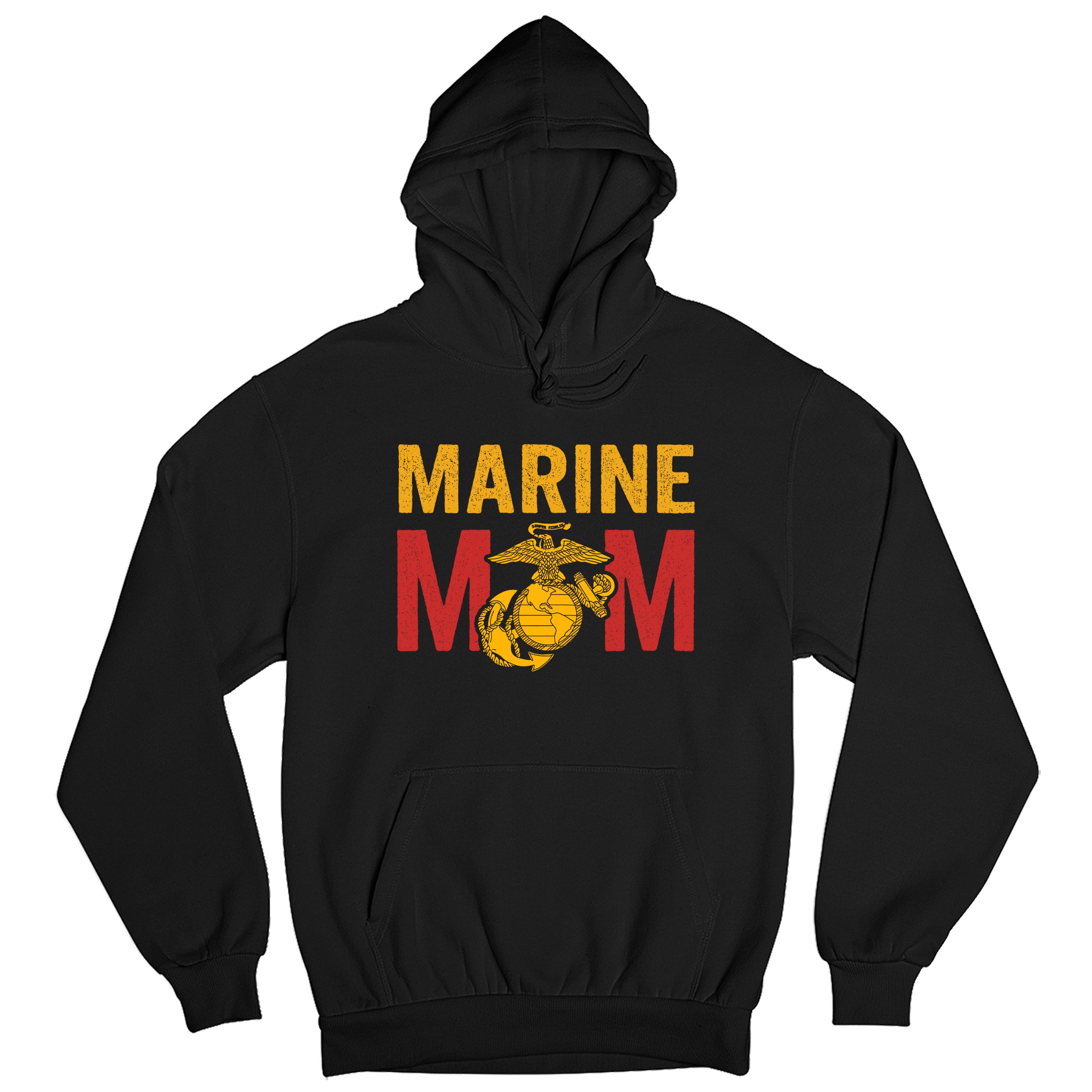 Marine Mom hoodie with Eagle Globe and Anchor graphic. Black military family hoodie. USMC Mom Apparel