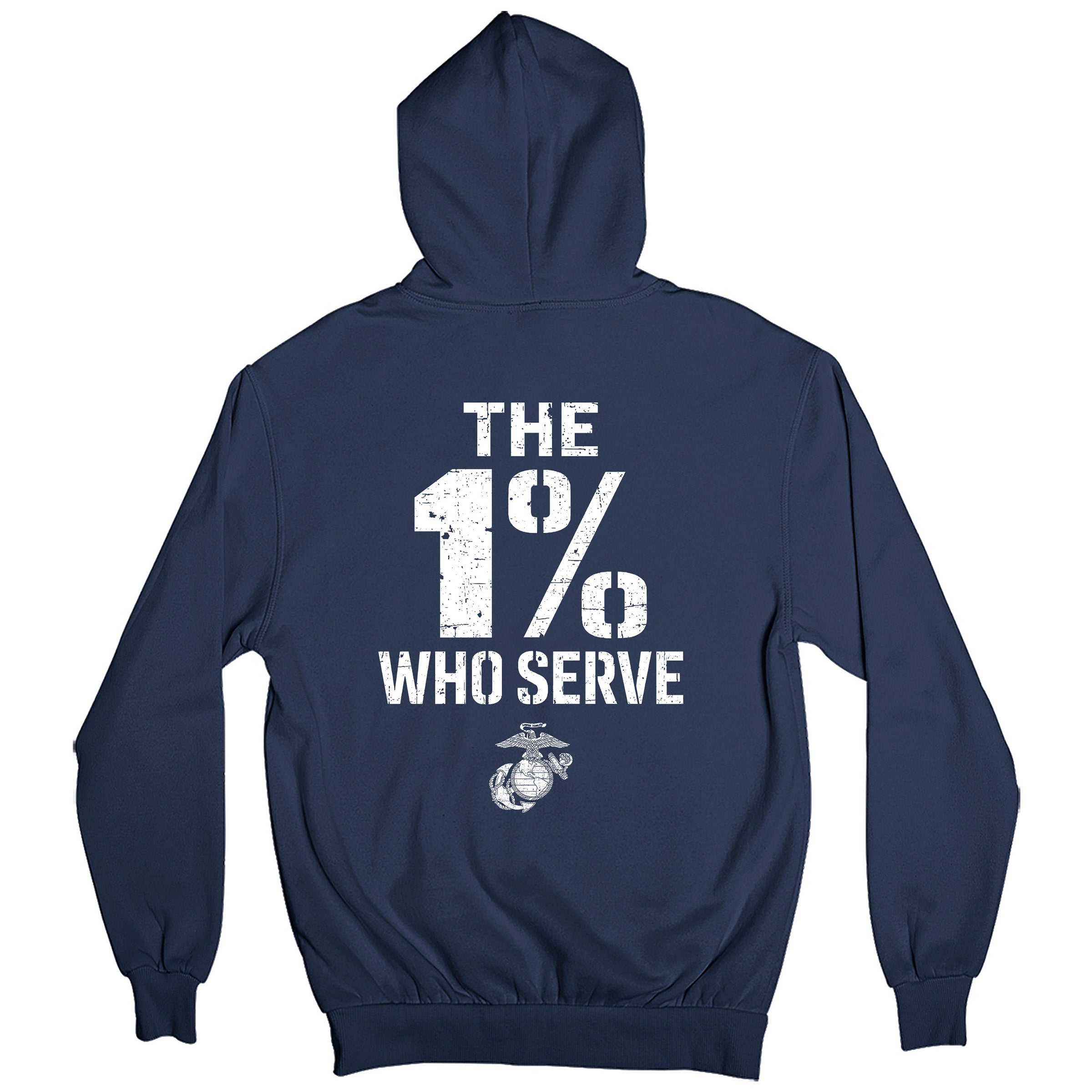 The 1% Who Serve USMC navy Hoodie with the 1% who serve back design