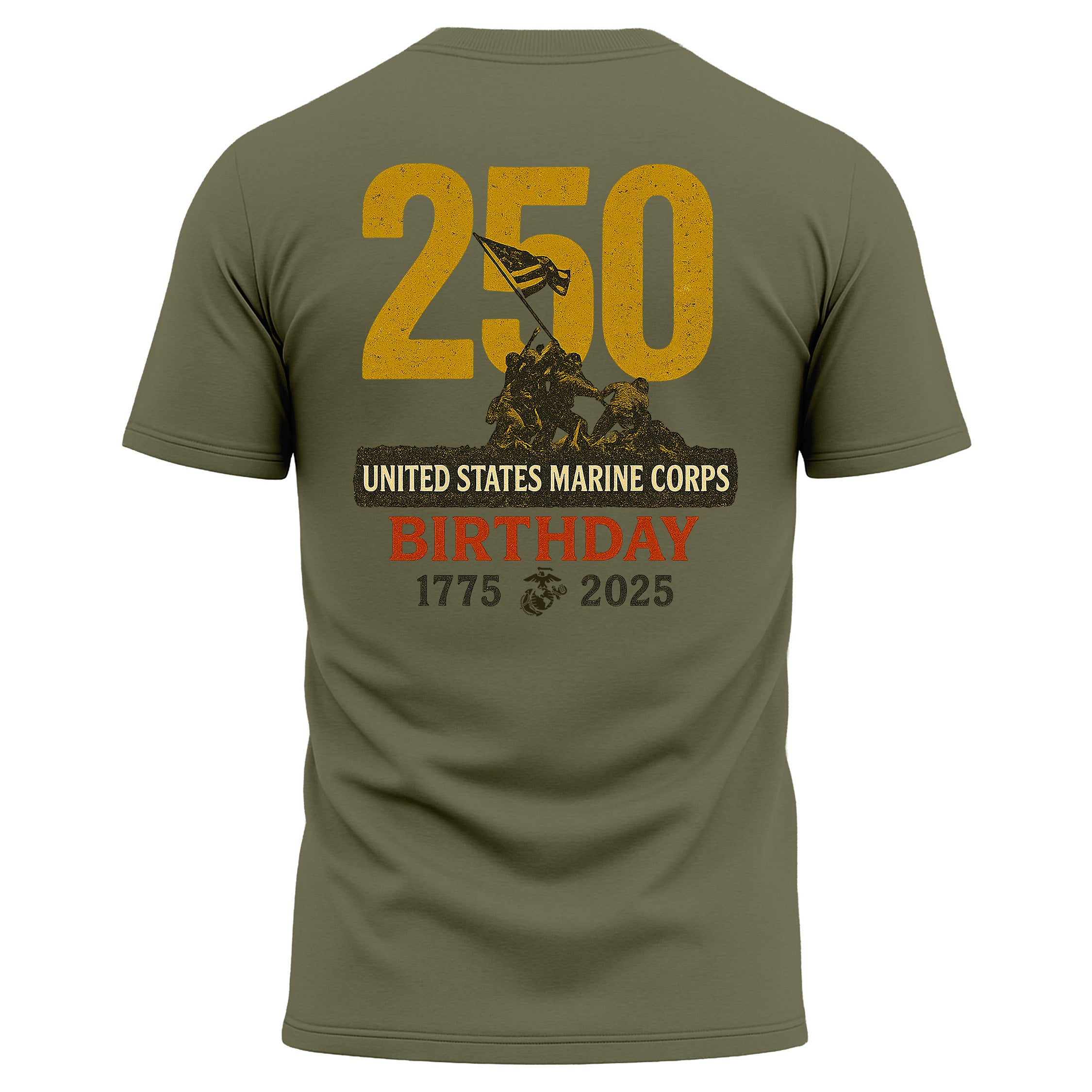 Marines 250th Birthday Performance T-shirt featuring Iwo Jima Flag Raising and 'United States Marine Corps Birthday' text. USMC 250th anniversary tee.