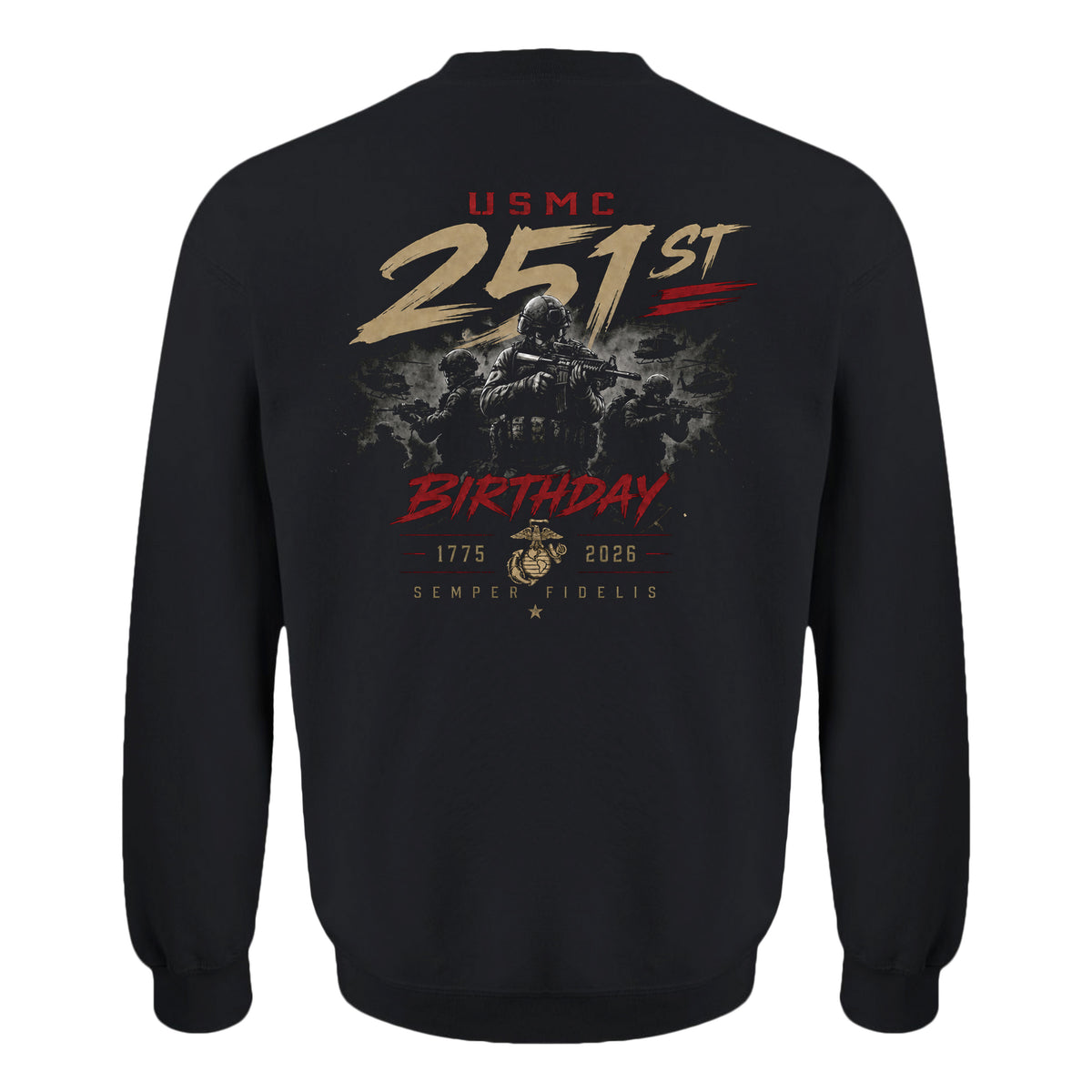 Black USMC 251st Birthday Battle Ready sweatshirt with Marines combat graphic and Semper Fidelis design
