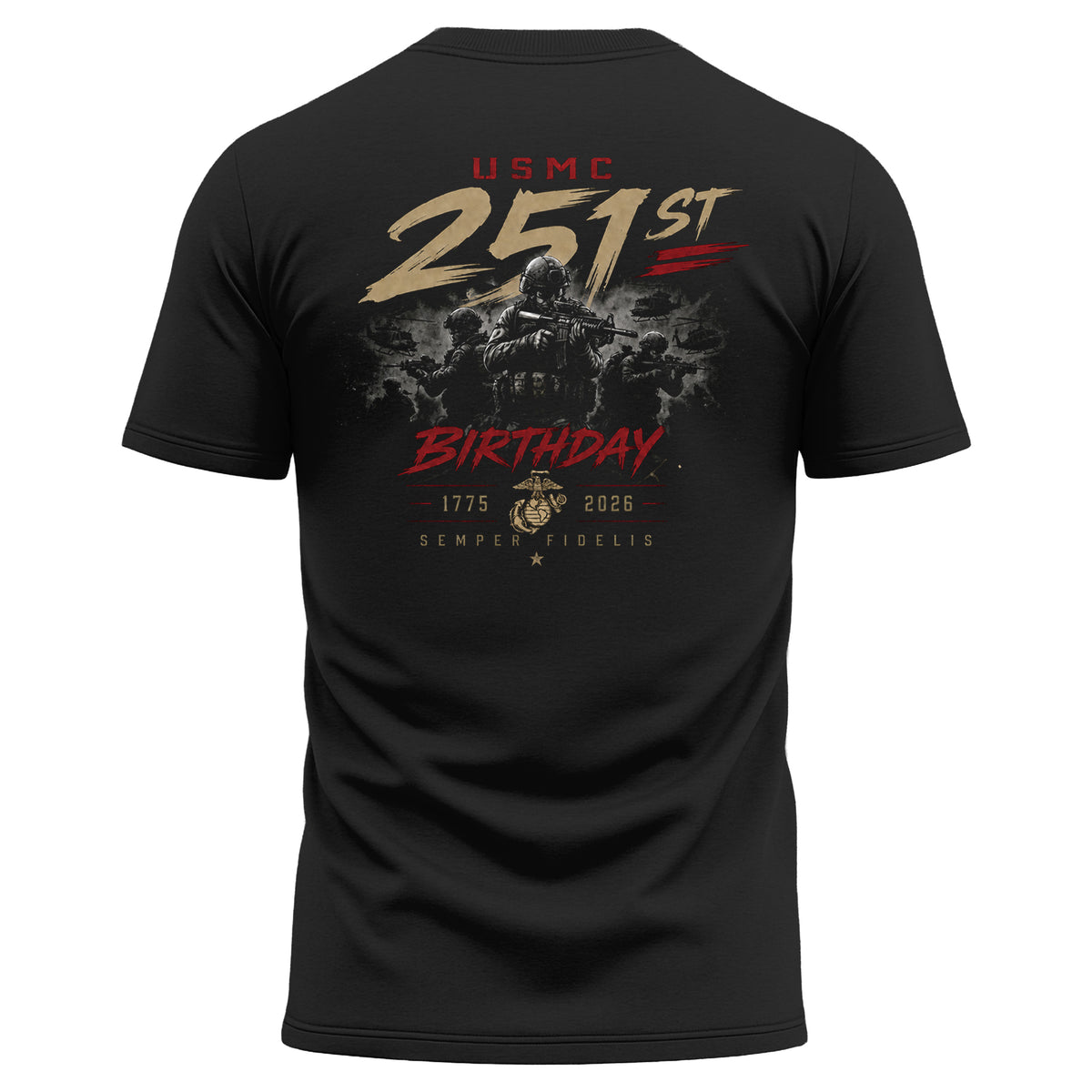 Black USMC 251st Birthday Battle Ready performance T-shirt with Marines combat graphic and Semper Fidelis design