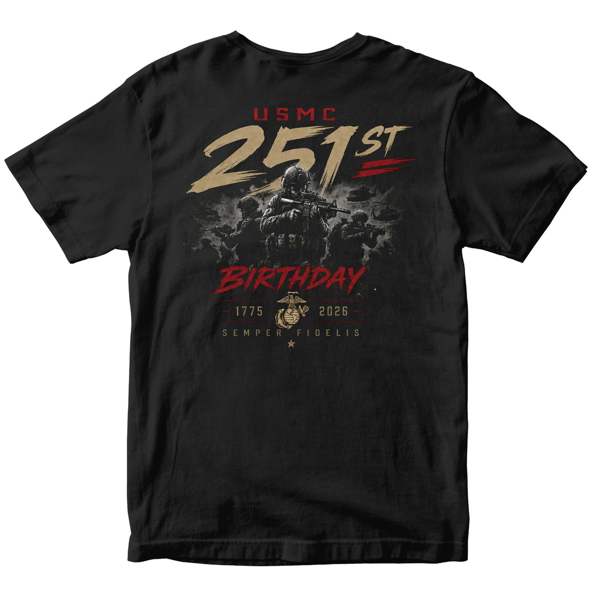 Black USMC 251st Birthday Battle Ready T-shirt with Marines combat graphic and Semper Fidelis design