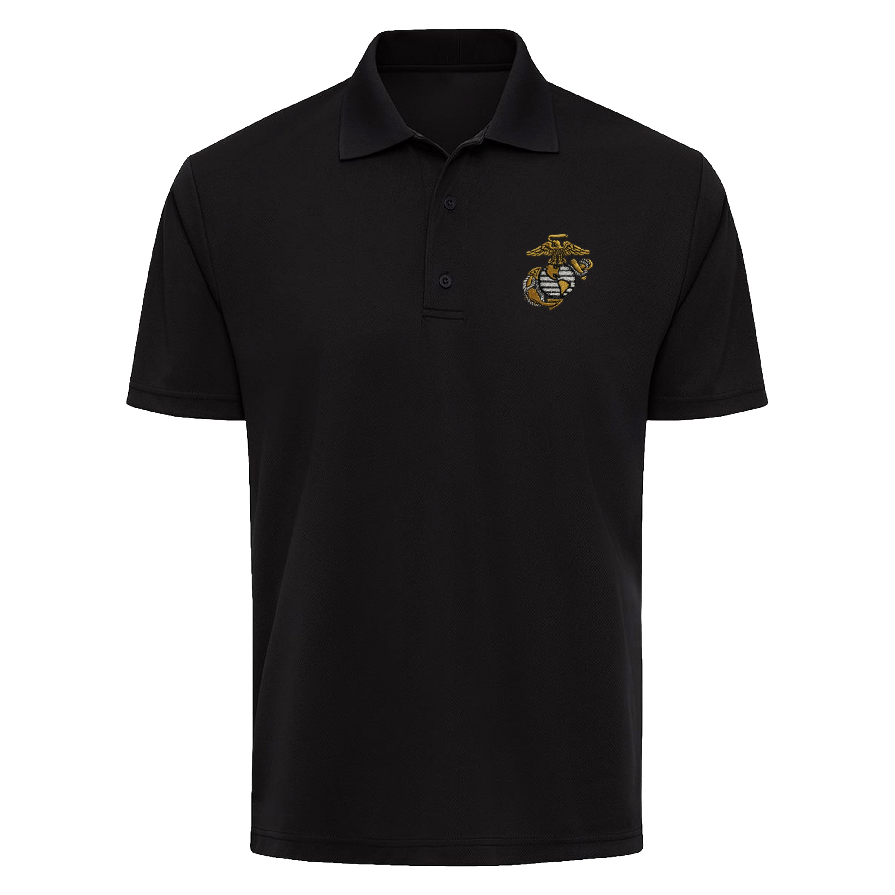 Black Marines performance polo with a classic gold, white, and black embroidered Eagle, Globe & Anchor on the left chest.