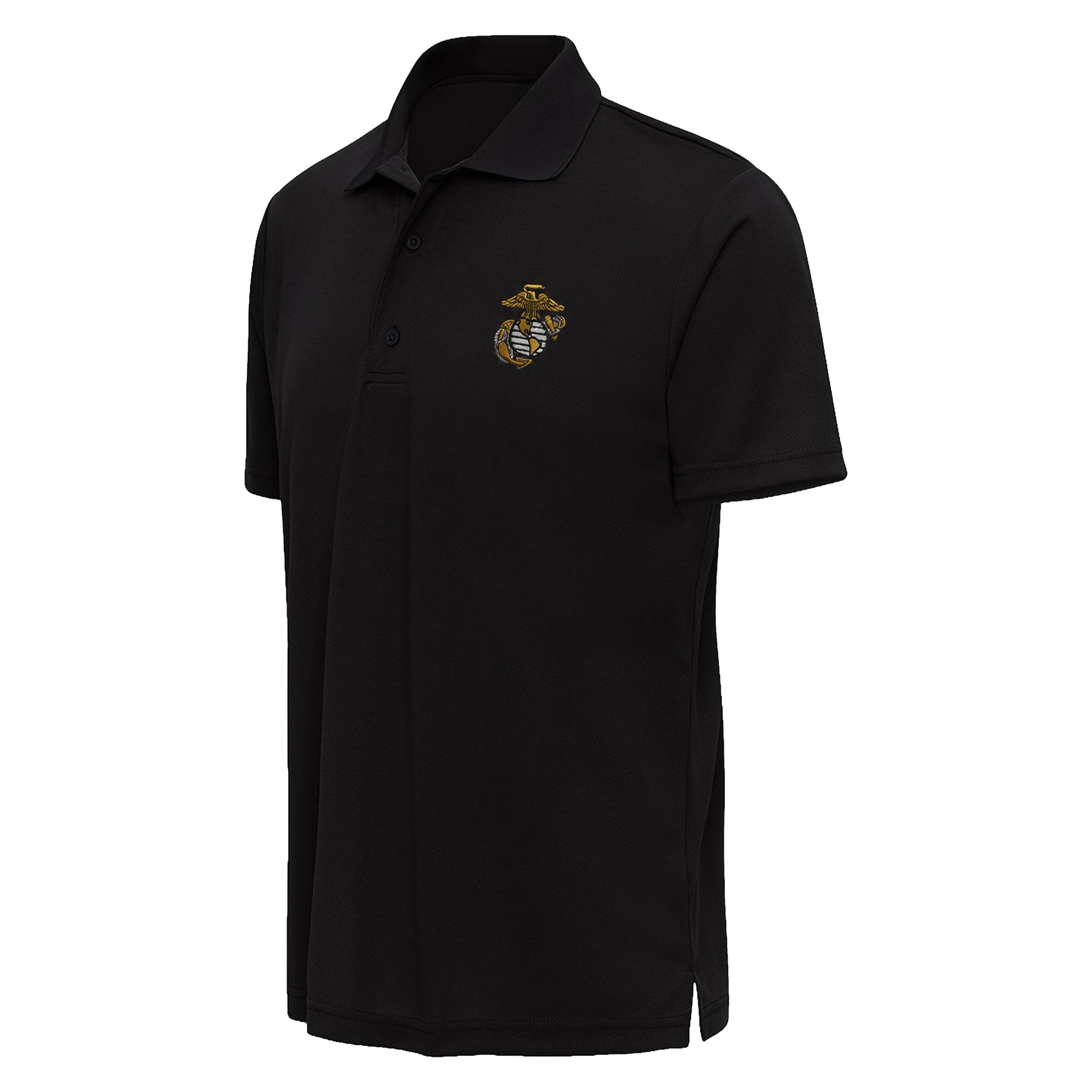 Black Marines performance polo with a classic gold, white, and black embroidered Eagle, Globe & Anchor on the left chest.