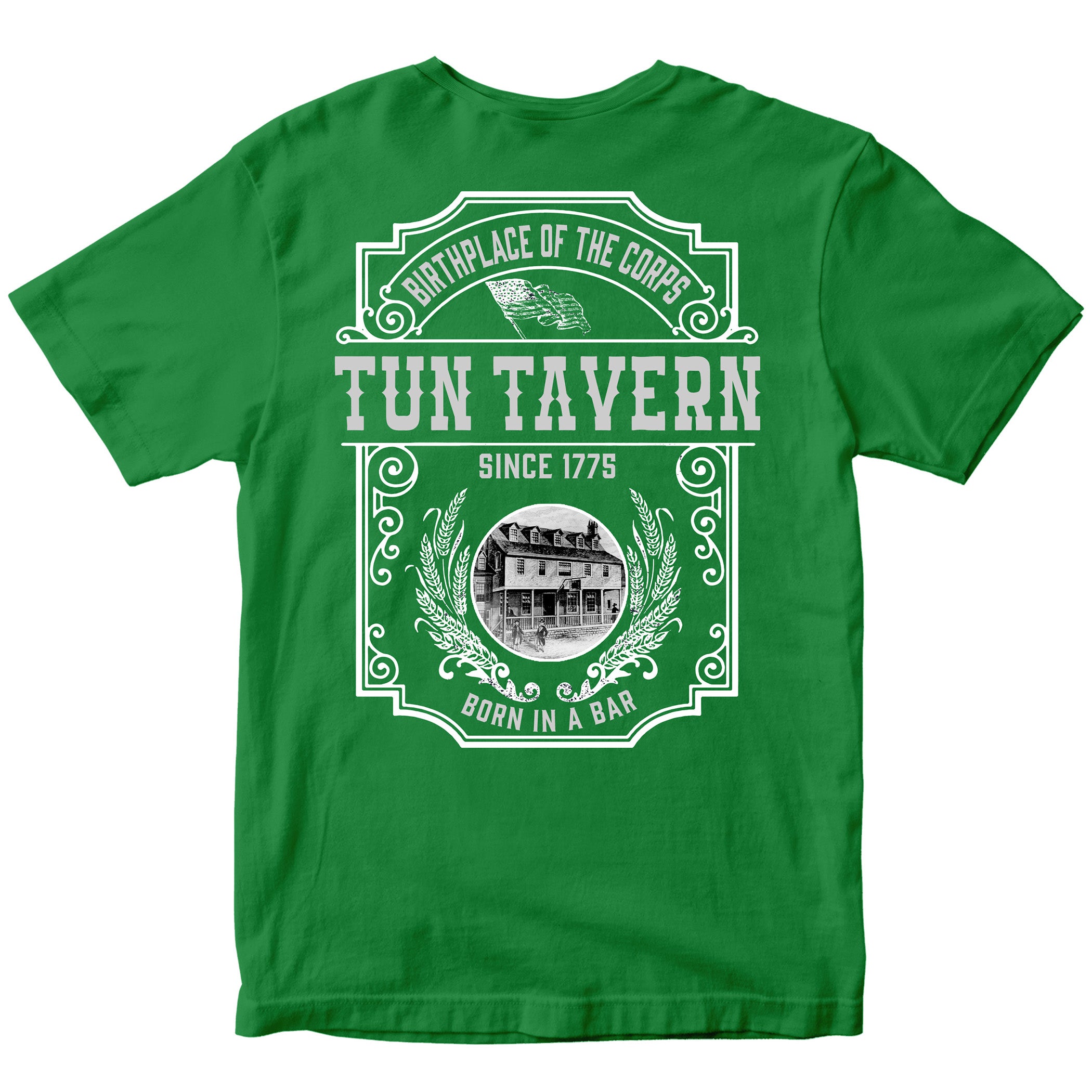 Green Marines St. Patrick’s Day T-shirt featuring Tun Tavern birthplace of the Marine Corps design