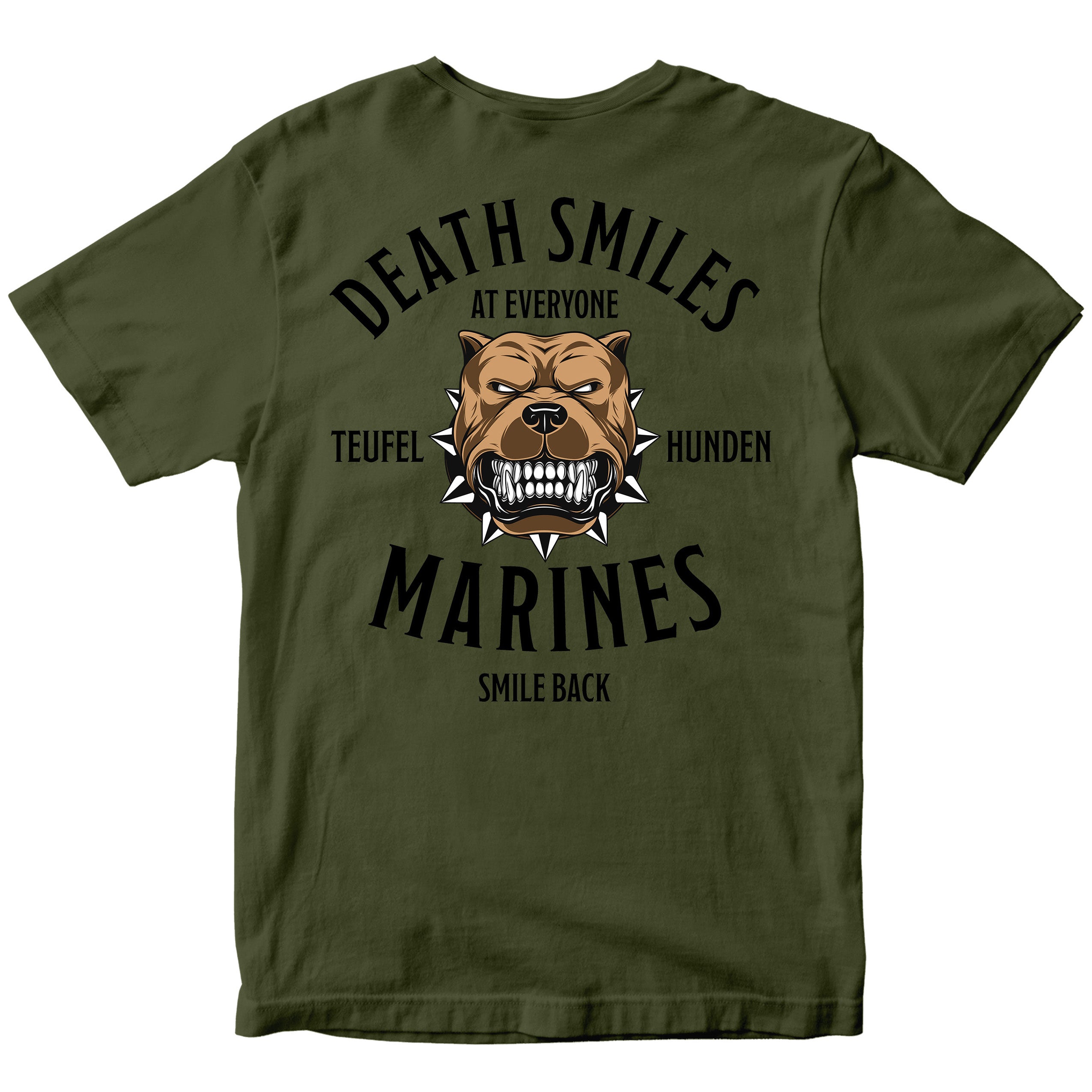 Green Marine Corps T-shirt featuring bulldog illustration with the text ‘USMC Teufel Hunden