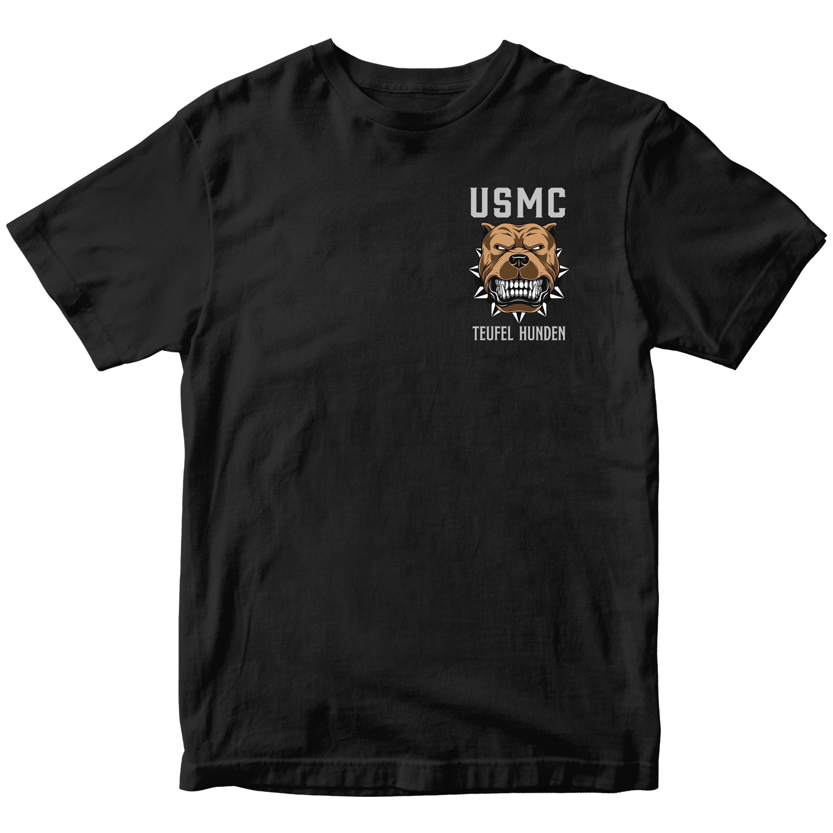Black Marine Corps T-shirt featuring bulldog illustration with the text ‘USMC Teufel Hunden