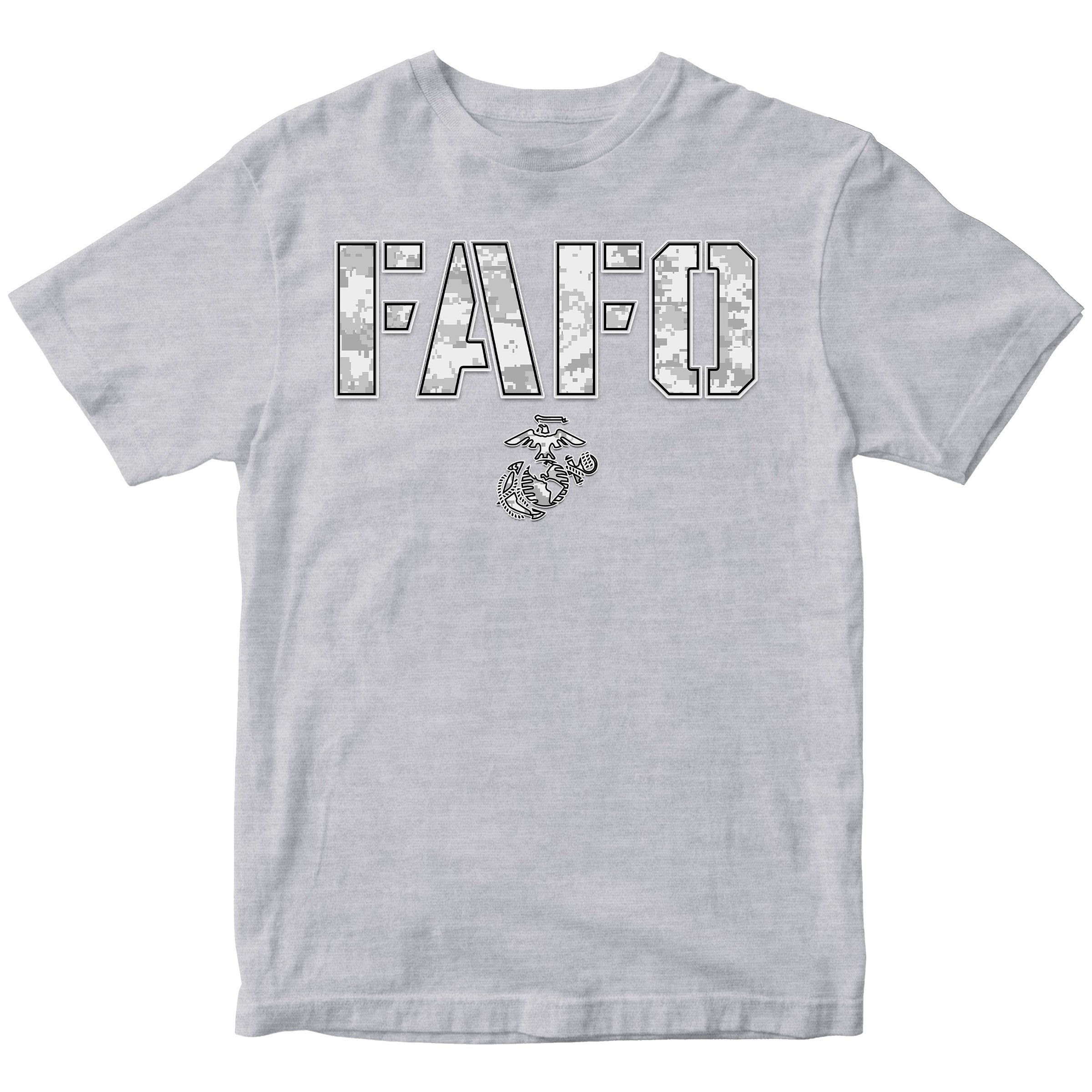 Grey FAFO arctic camo T-shirt with camouflage lettering and Eagle Globe and Anchor