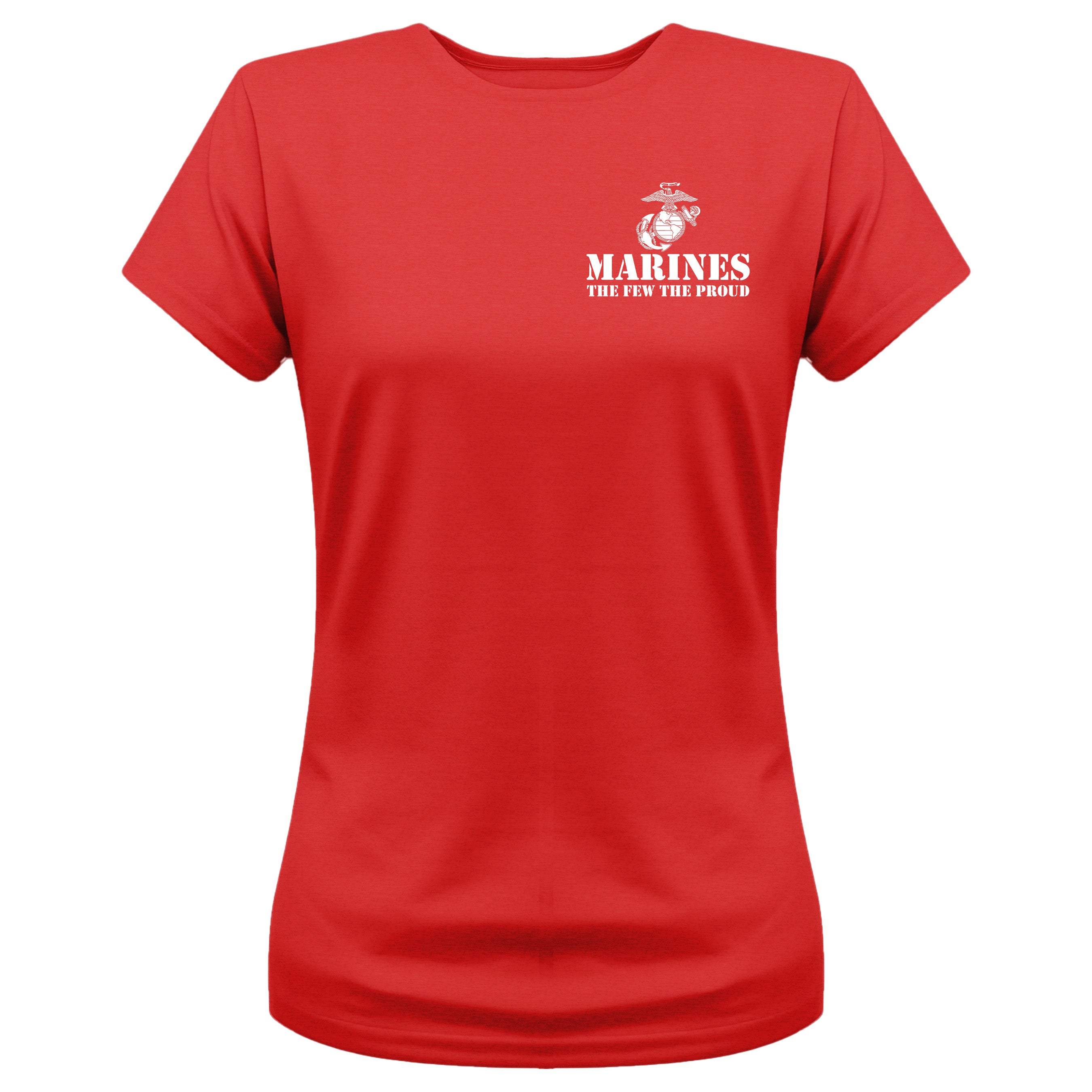 Women’s red USMC t-shirt with front-left chest print featuring the Eagle, Globe, and Anchor emblem and white text 'MARINES – The Few The Proud'.