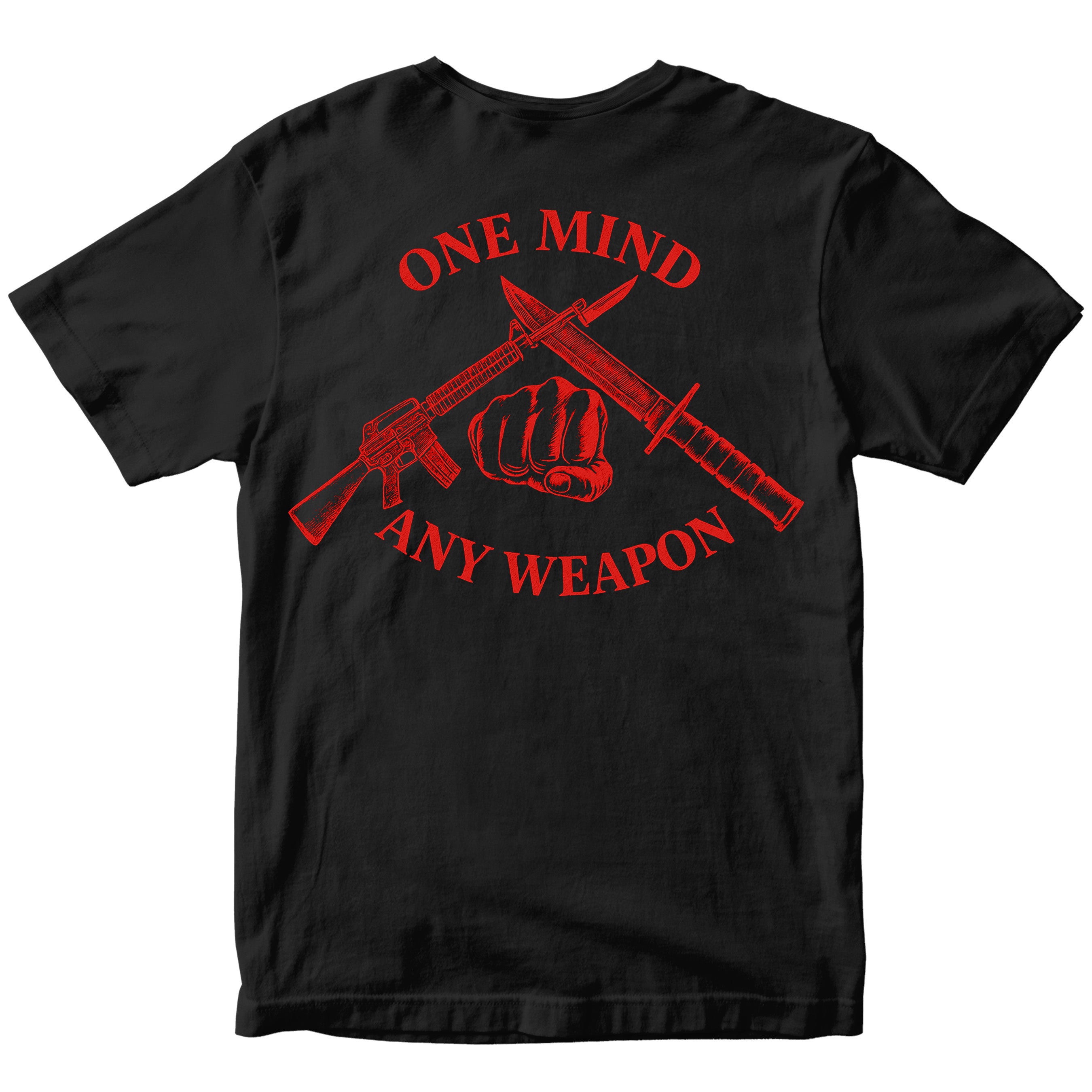 Black Marines Fight Club T-shirt with back graphic reading ‘One Mind Any Weapon’ with crossed riffle and knife and clenched fist.