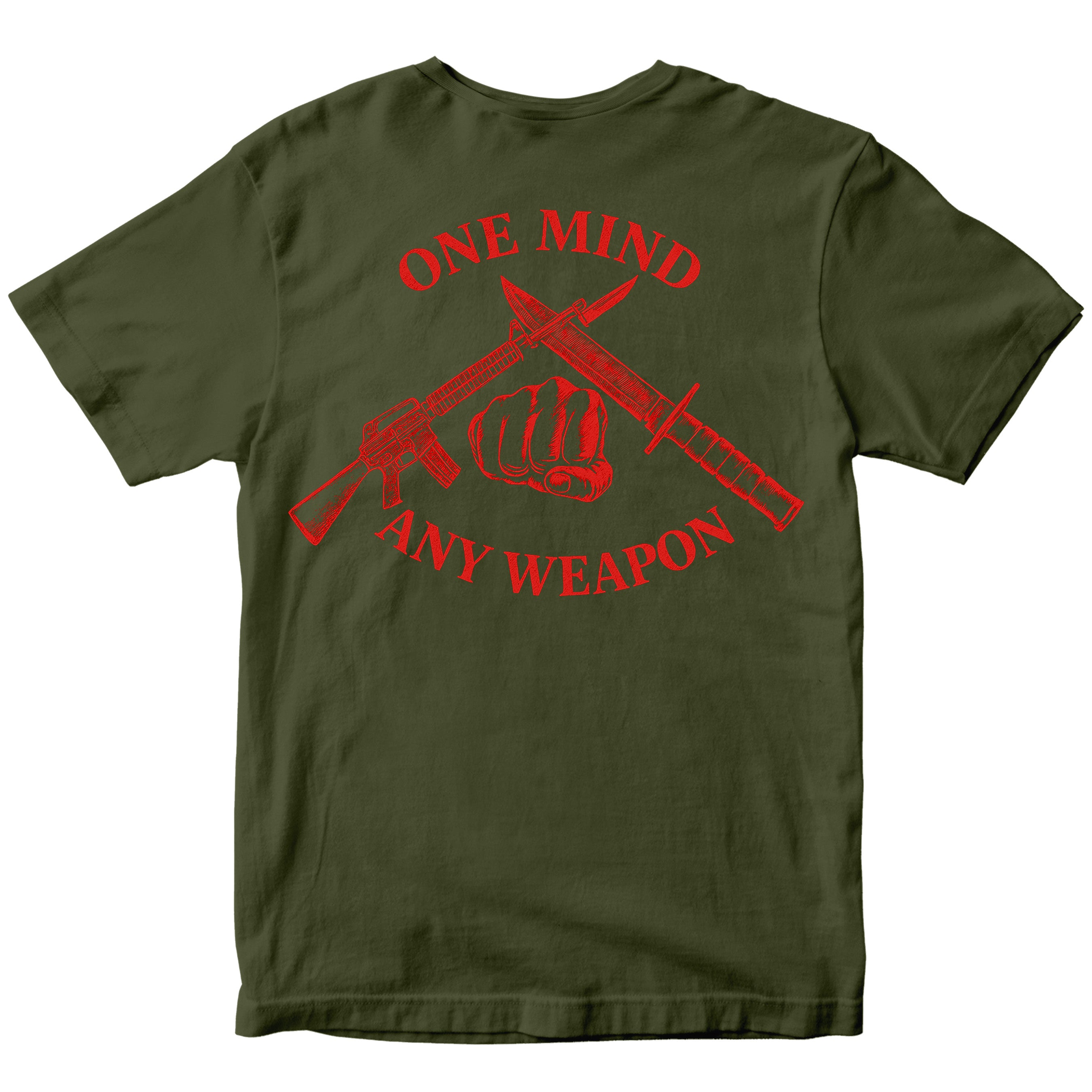 Green Marines Fight Club T-shirt with back graphic reading ‘One Mind Any Weapon’ with crossed riffle and knife and clenched fist.
