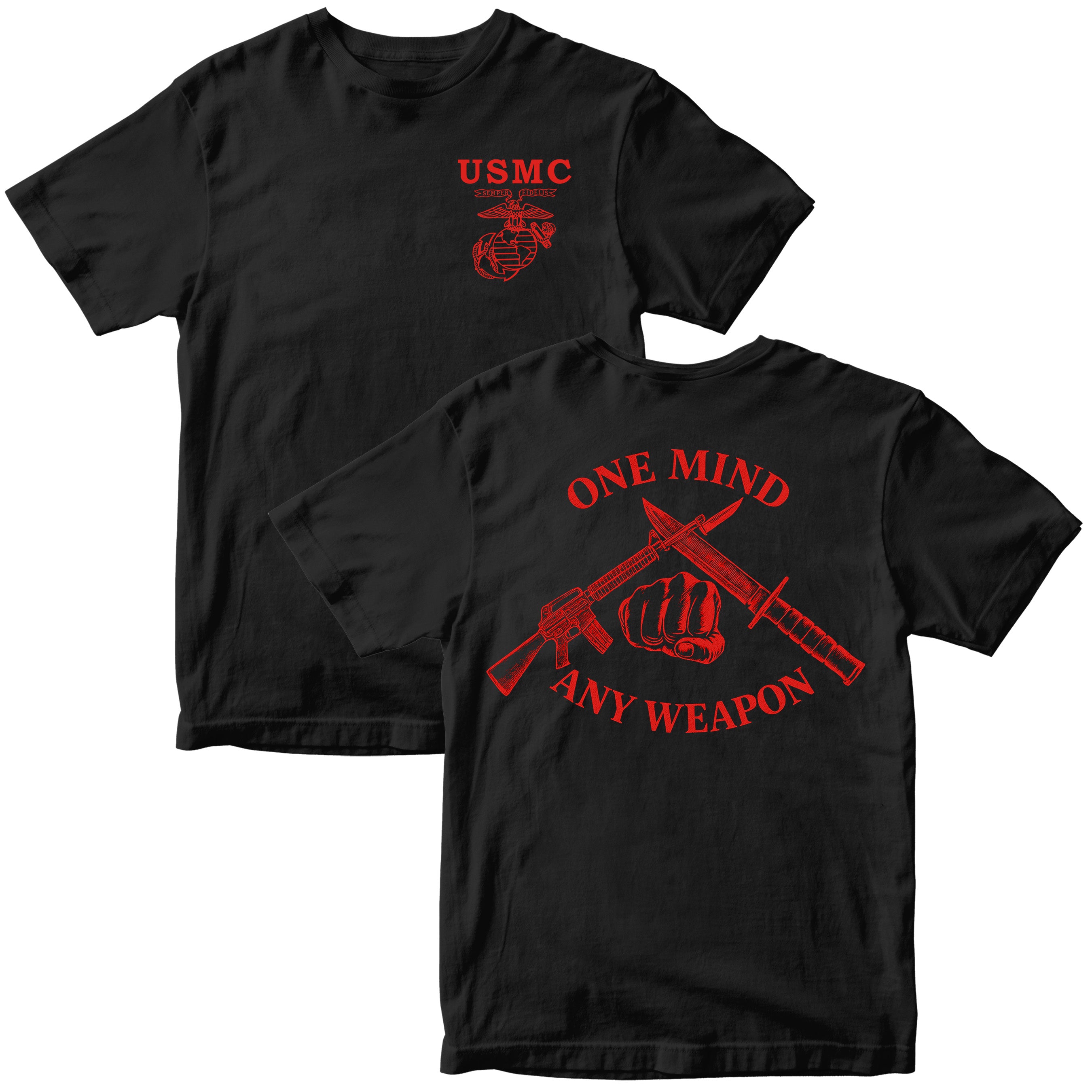 Black Marines Fight Club T-shirt with left-chest USMC Eagle Globe and Anchor and back graphic reading ‘One Mind Any Weapon’ with crossed riffle and knife and clenched fist.