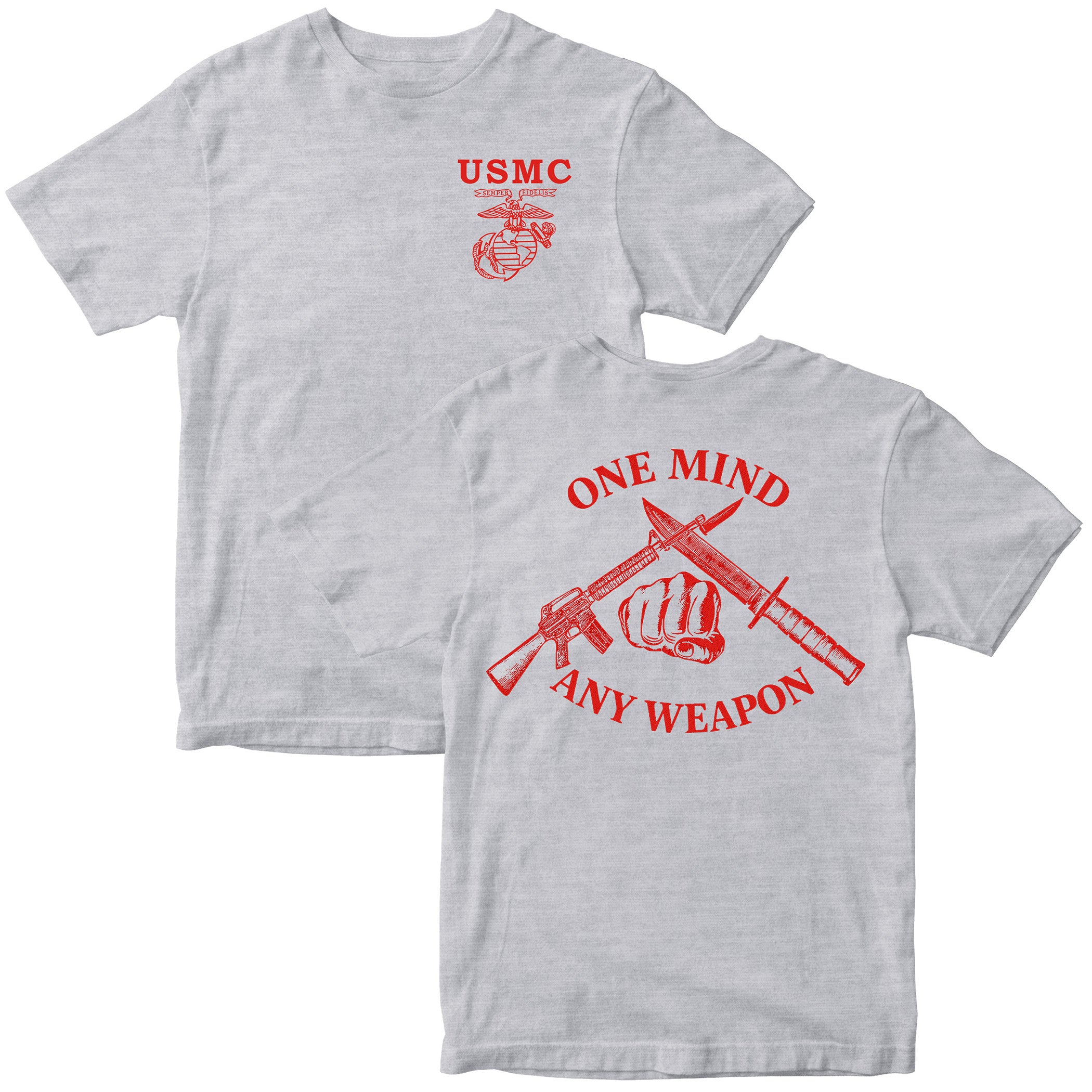 Gray Marines Fight Club T-shirt with left-chest USMC Eagle Globe and Anchor and back graphic reading ‘One Mind Any Weapon’ with crossed riffle and knife and clenched fist.