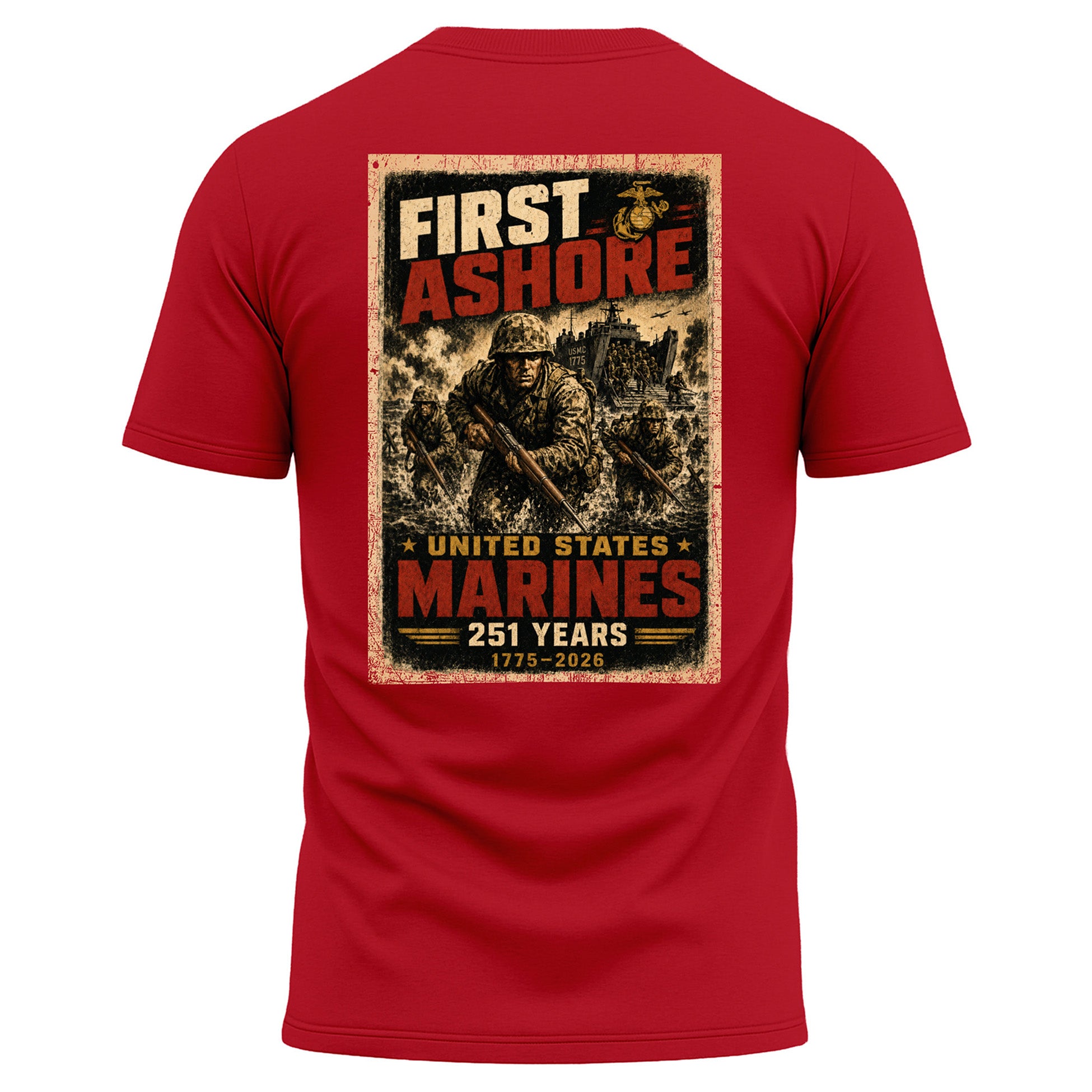 Red USMC 251st Birthday First Ashore performance T-shirt with Marines landing graphic