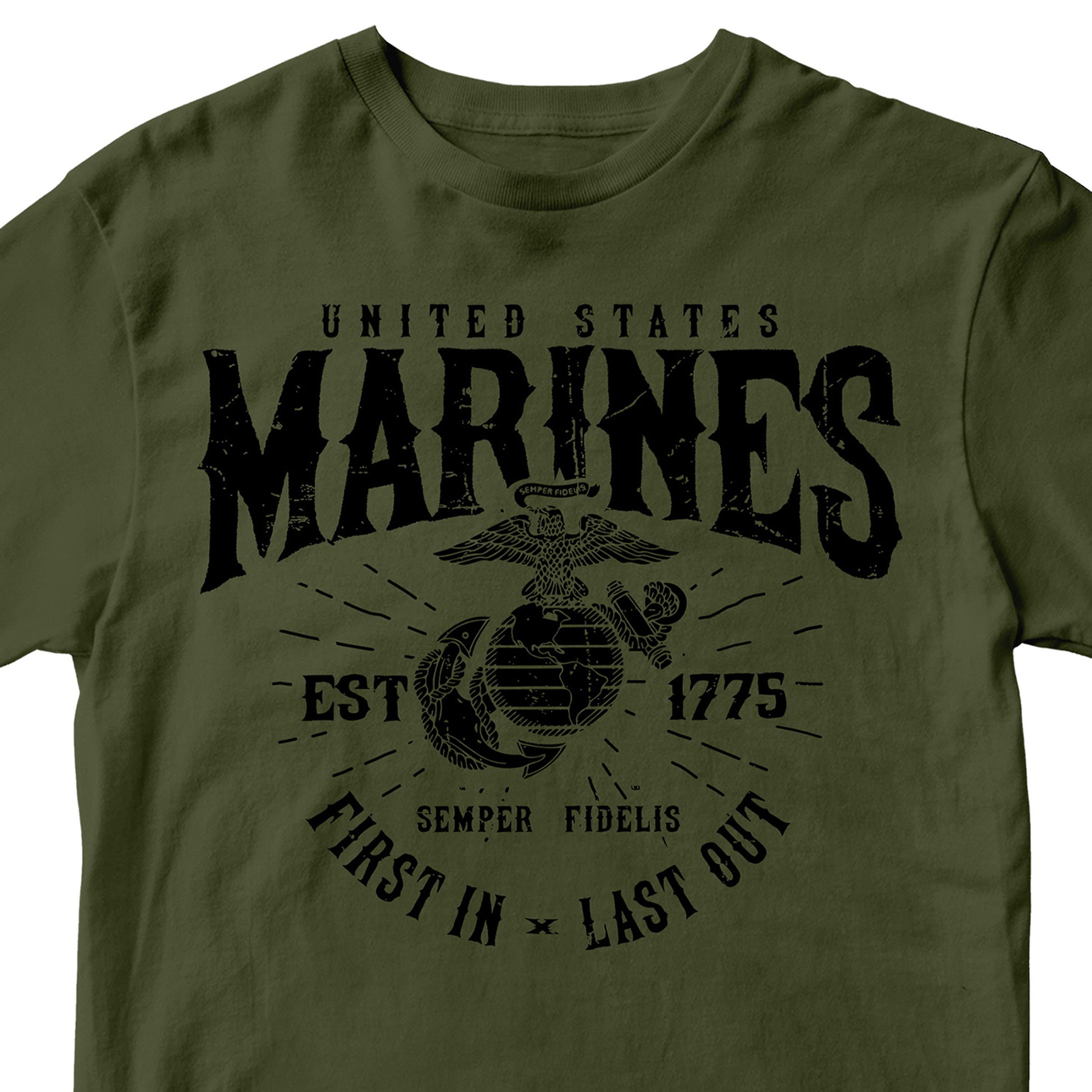 Marines First In Last Out Navy Green Tee