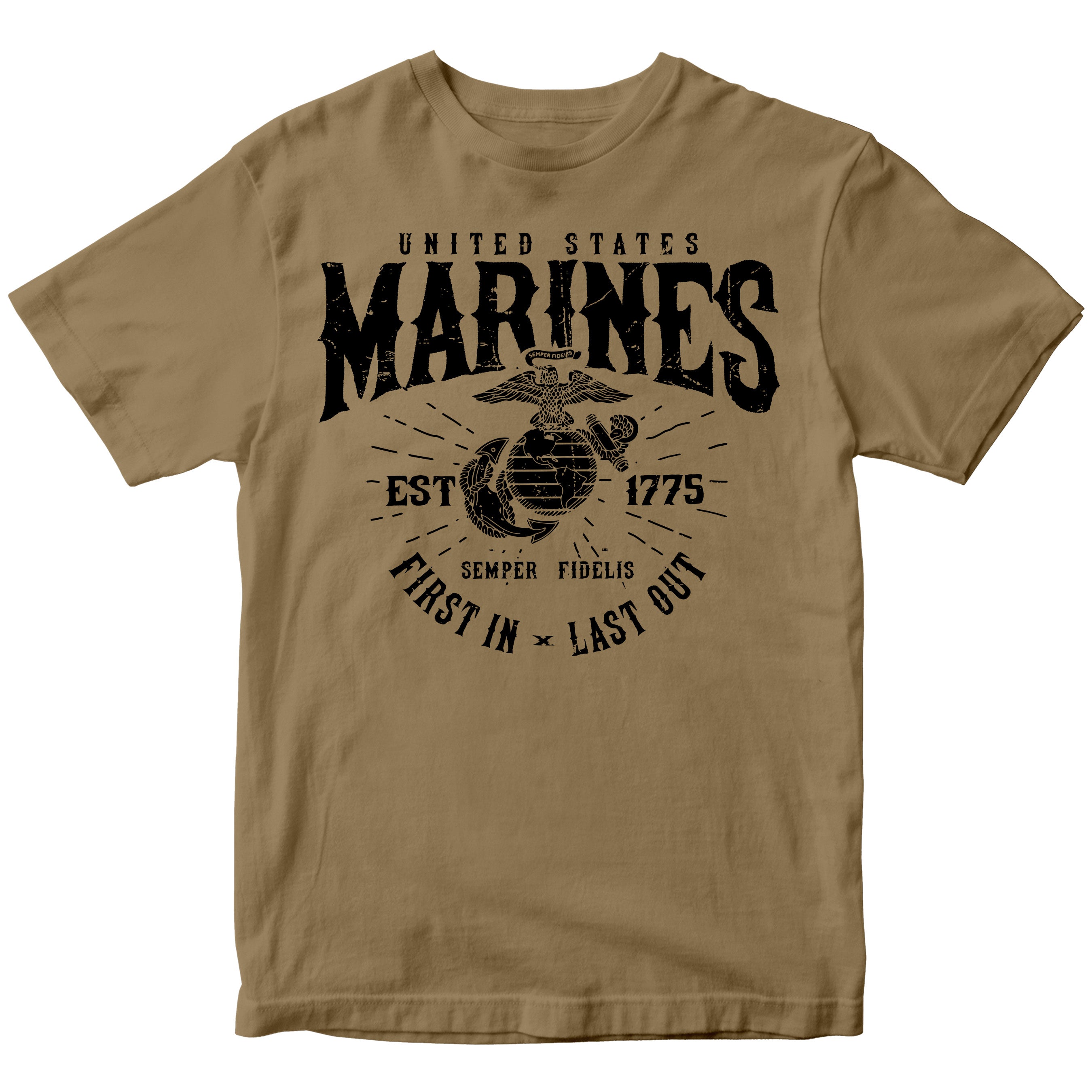 Marines First In Last Out Navy Brown Tee
