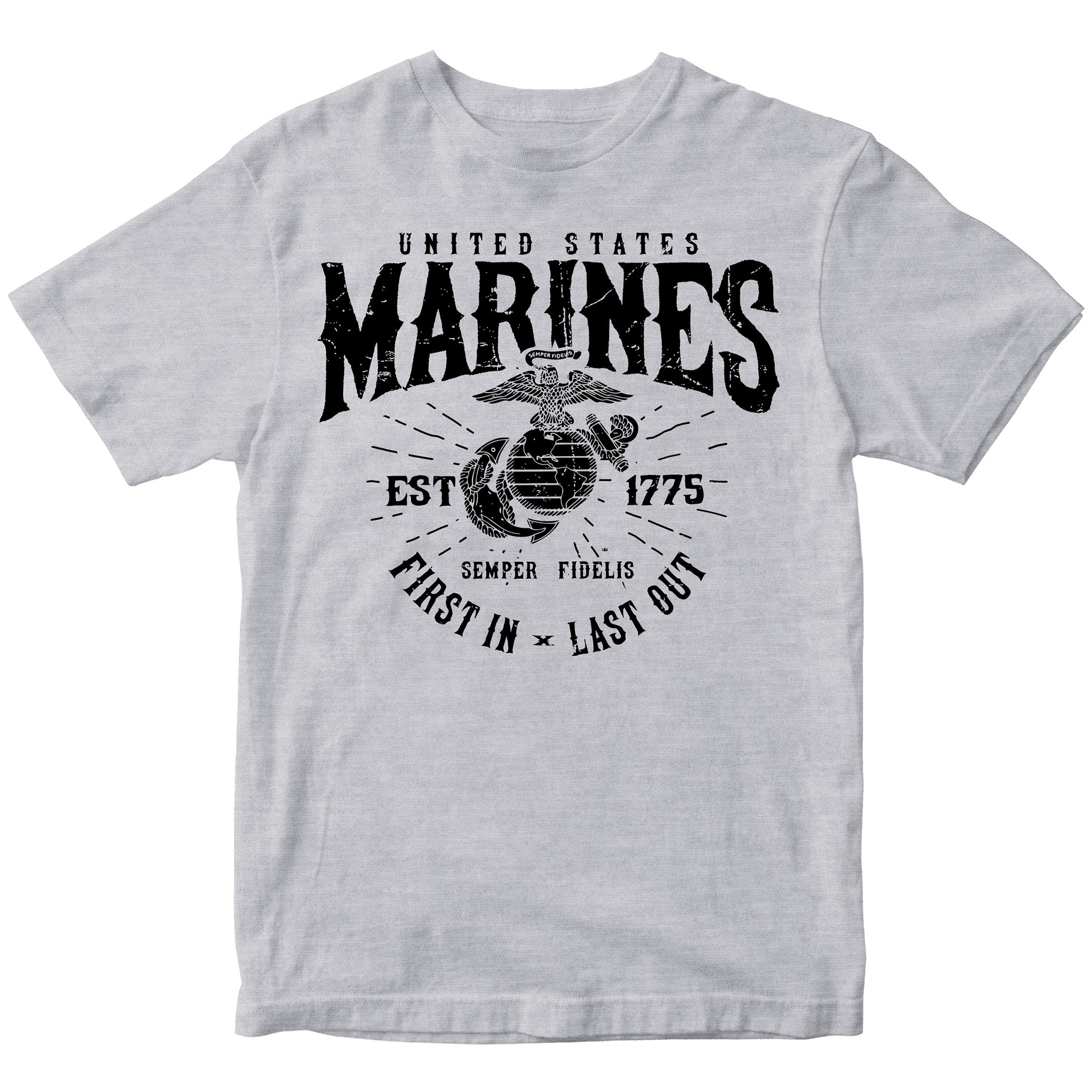 Marines First In Last Out Navy Gray Tee