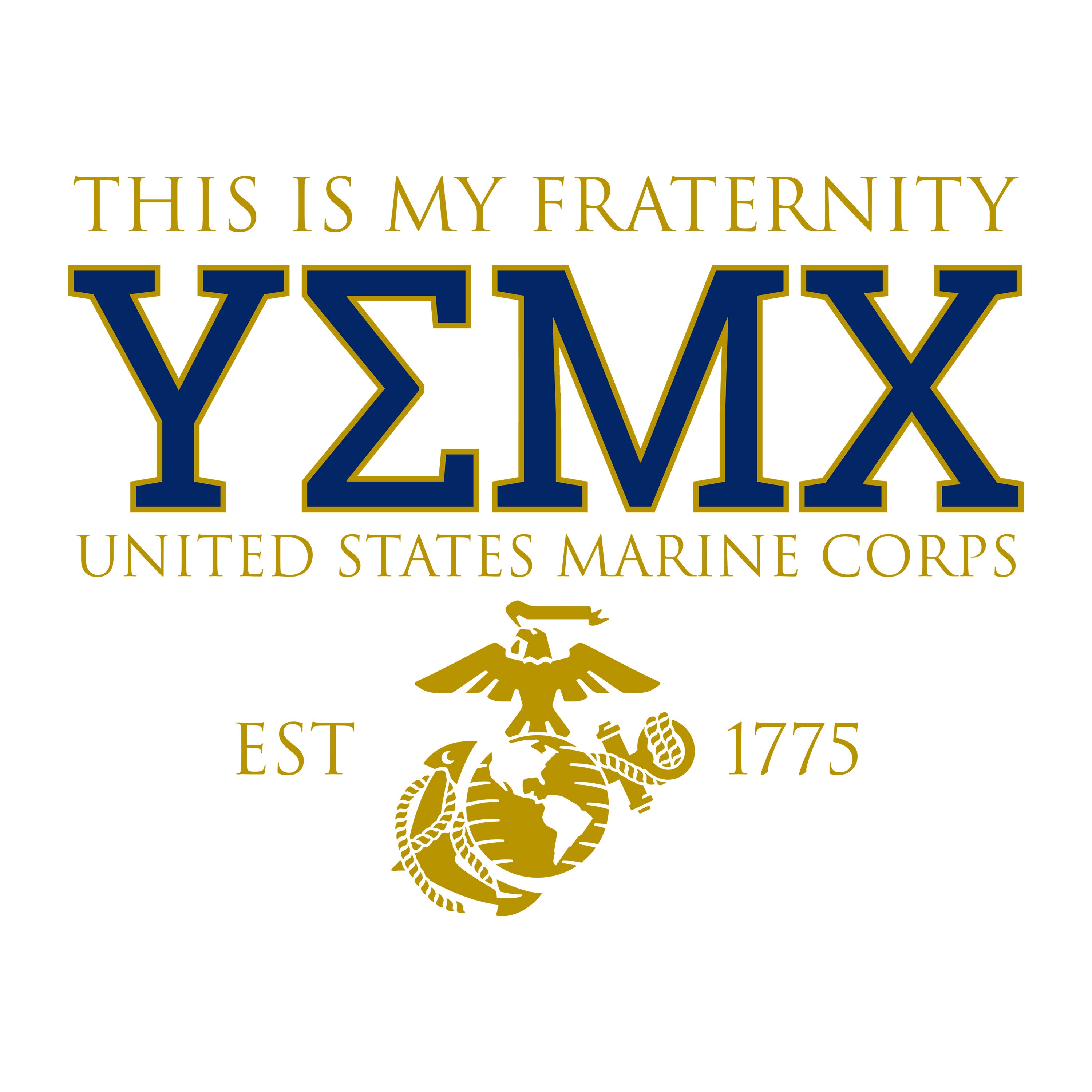 Black USMC fraternity-style T-shirt with Greek letters YMEX on the front and MCRD San Diego back graphic featuring the California outline with star.