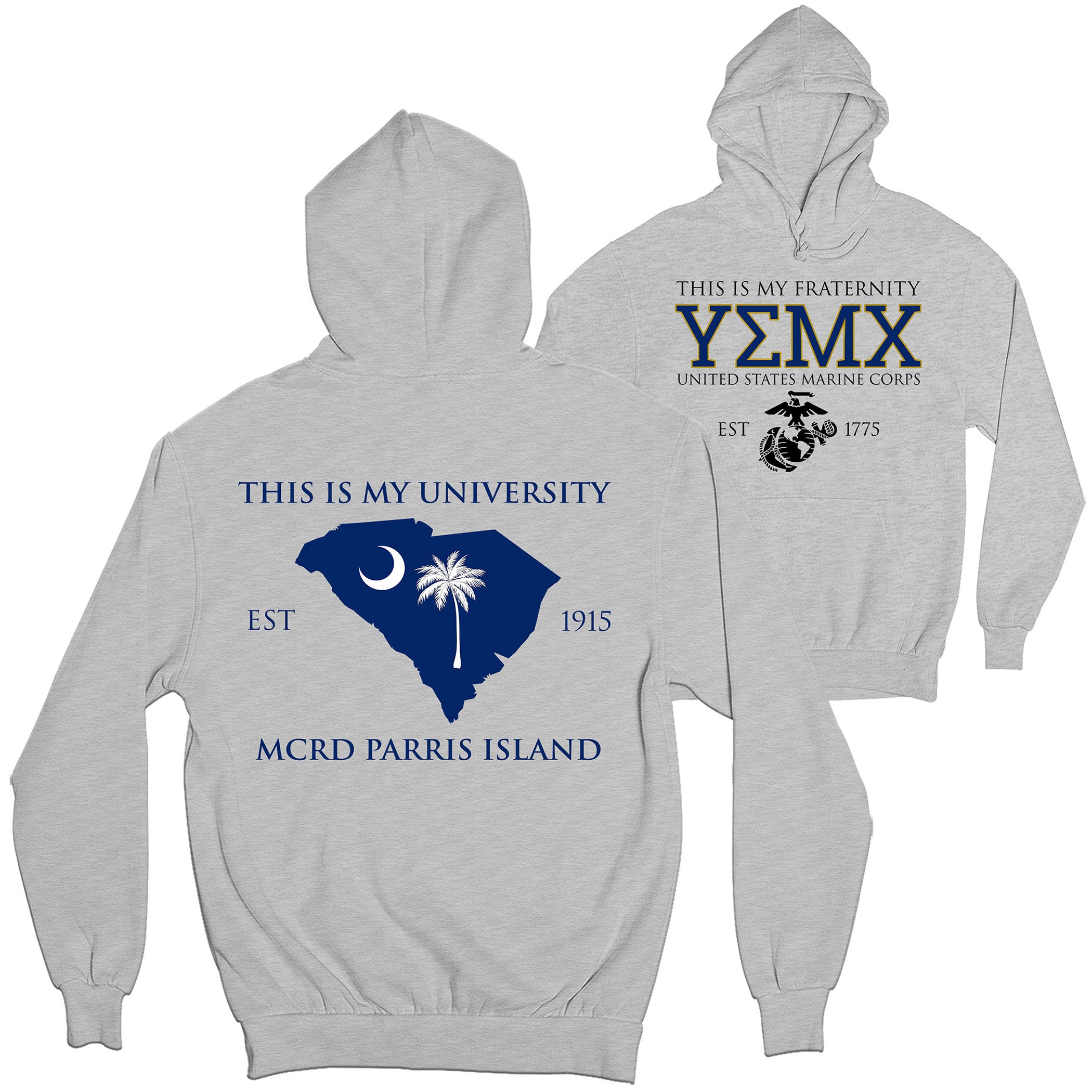 Gray USMC fraternity Hoodie with Greek letters YMEX on the front and Parris Island back graphic featuring the South Carolina outline with crescent and palmetto
