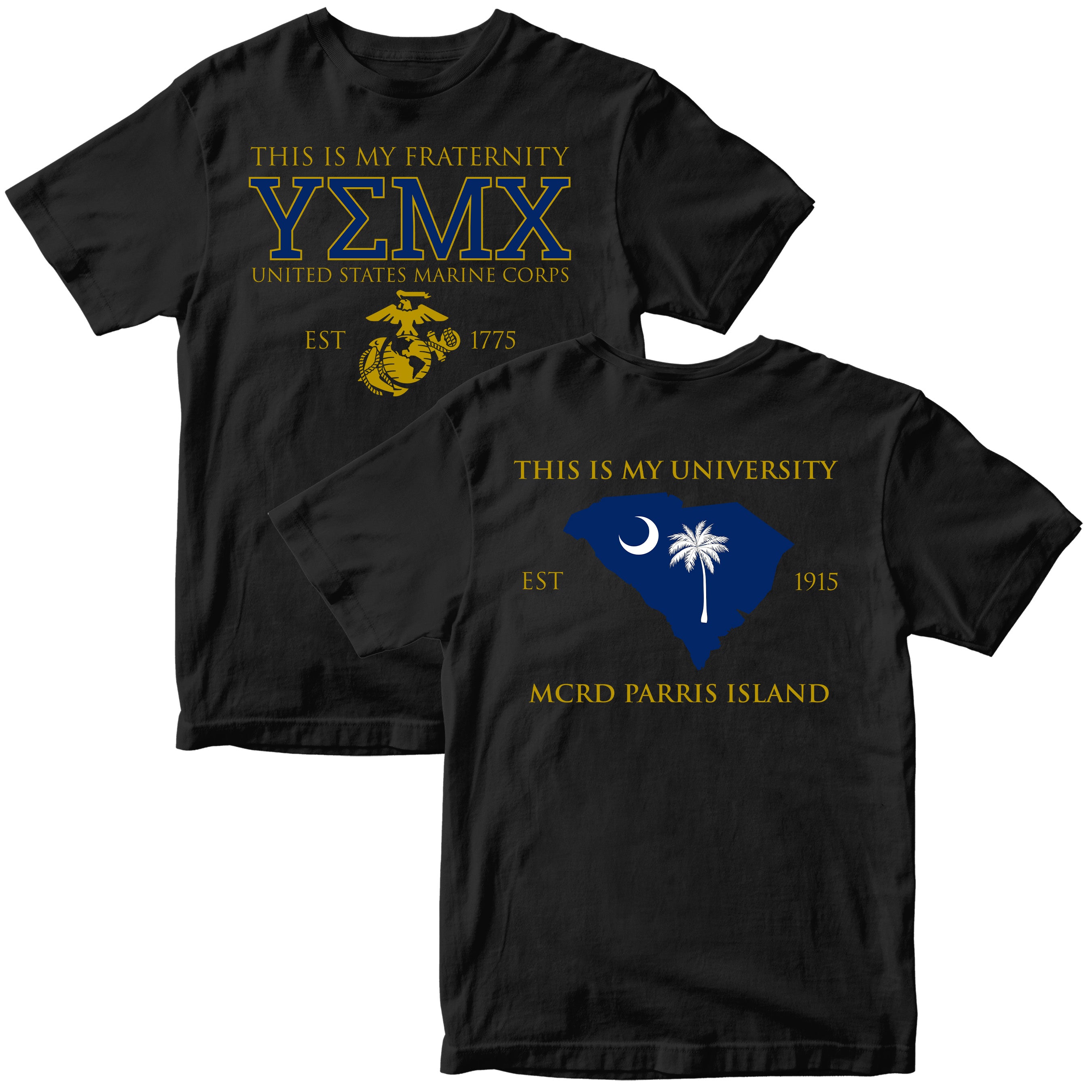 Black USMC fraternity-style T-shirt with Greek letters YMEX on the front and MCRD Parris Island back graphic featuring the South Carolina outline with crescent and palmetto